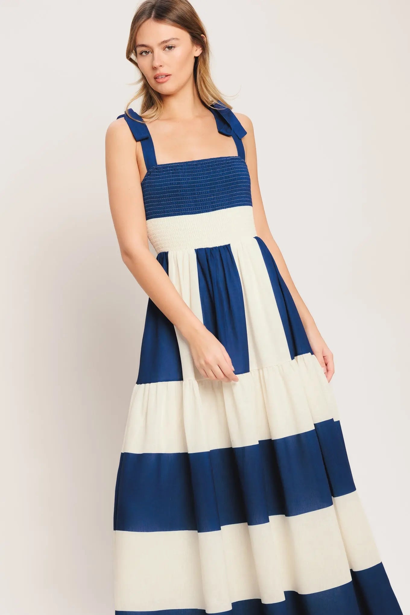 Navy White Striped Woven Maxi Dress With Smocked Bodice And Shoulder Ties Flying Tomato