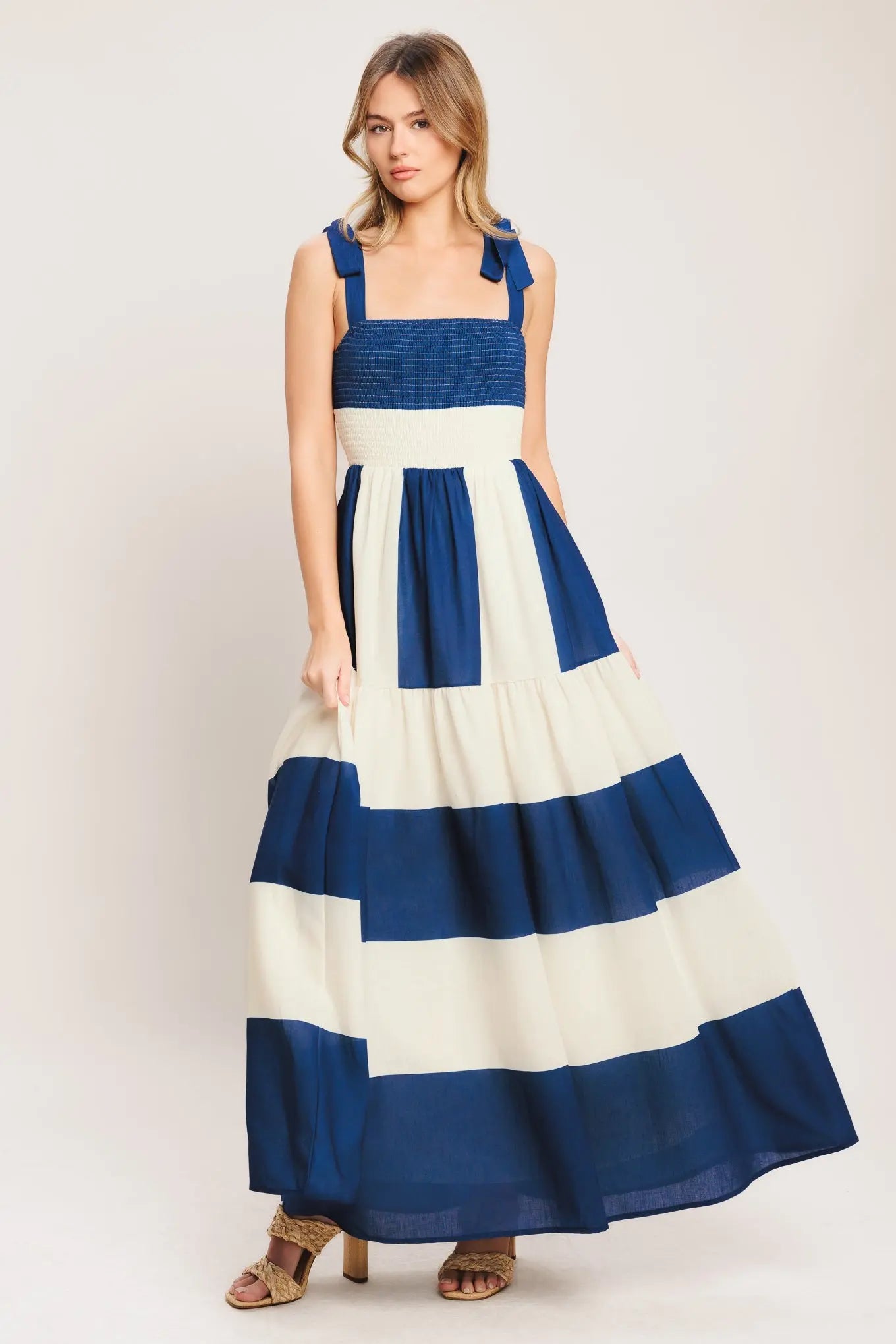 Navy White Striped Woven Maxi Dress With Smocked Bodice And Shoulder Ties Flying Tomato