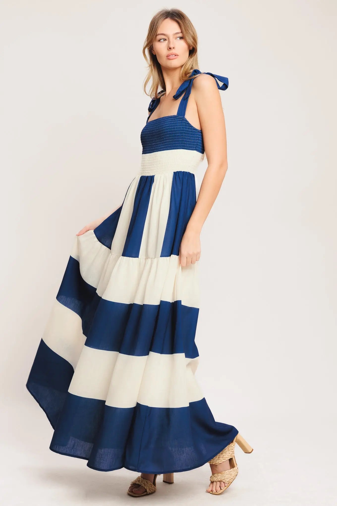 Navy White Striped Woven Maxi Dress With Smocked Bodice And Shoulder Ties Flying Tomato