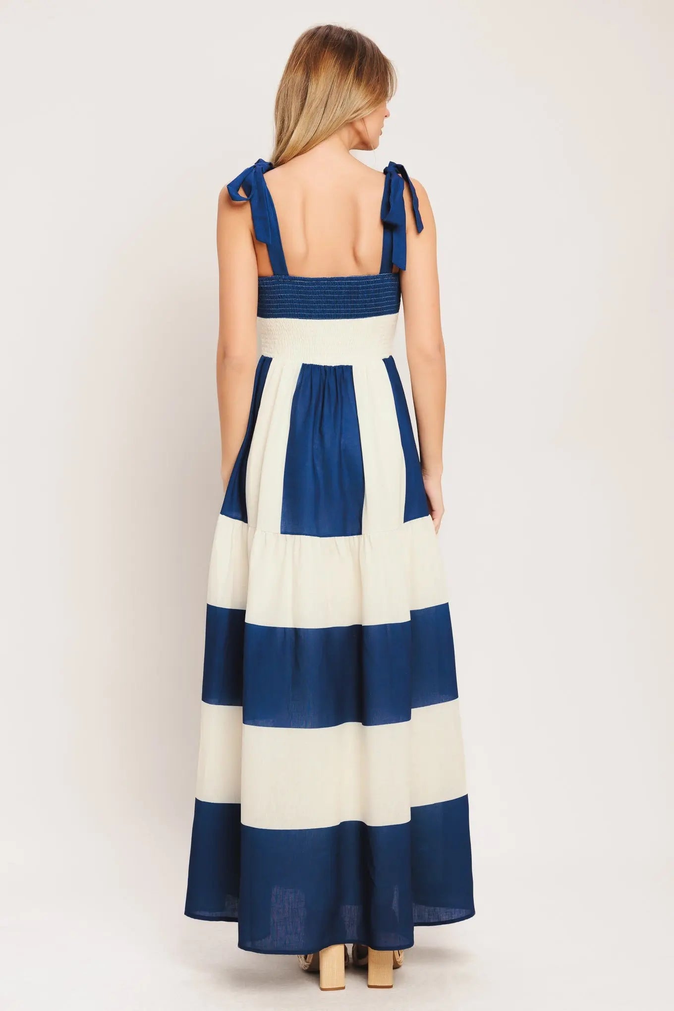Navy White Striped Woven Maxi Dress With Smocked Bodice And Shoulder Ties Flying Tomato