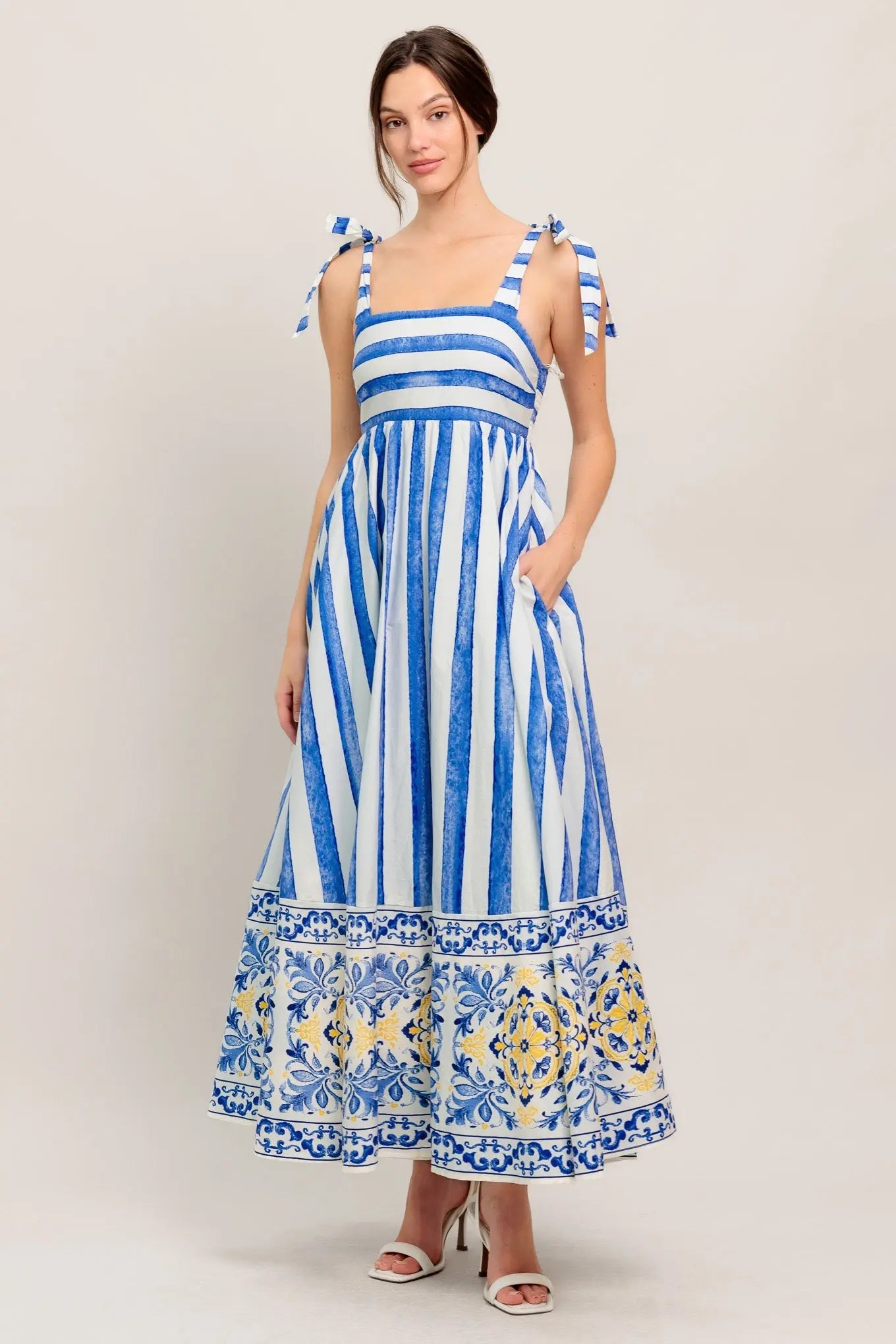 Blue Horizon Beauty Striped Woven Midi Dress With Shoulder Tie Straps Flying Tomato