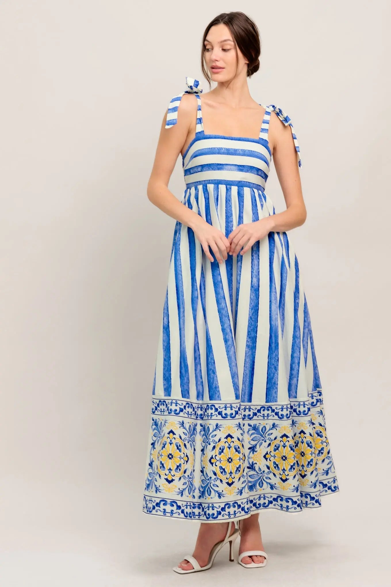 Blue Horizon Beauty Striped Woven Midi Dress With Shoulder Tie Straps Flying Tomato