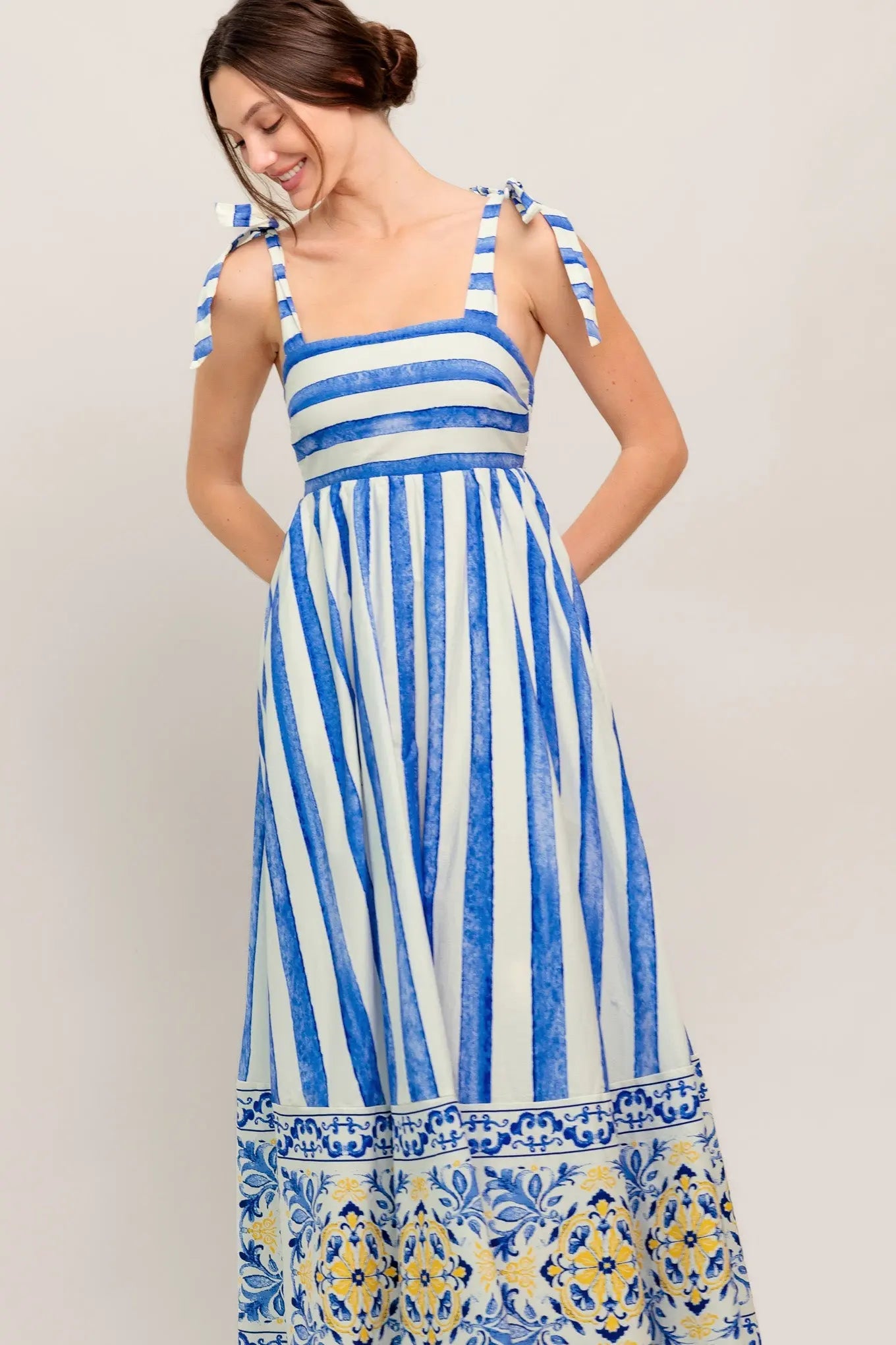 Blue Horizon Beauty Striped Woven Midi Dress With Shoulder Tie Straps Flying Tomato