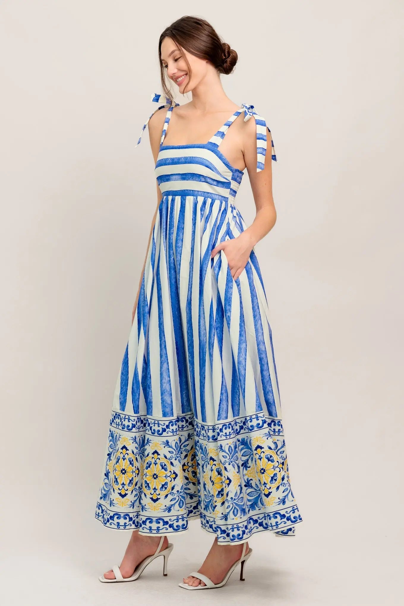 Blue Horizon Beauty Striped Woven Midi Dress With Shoulder Tie Straps Flying Tomato