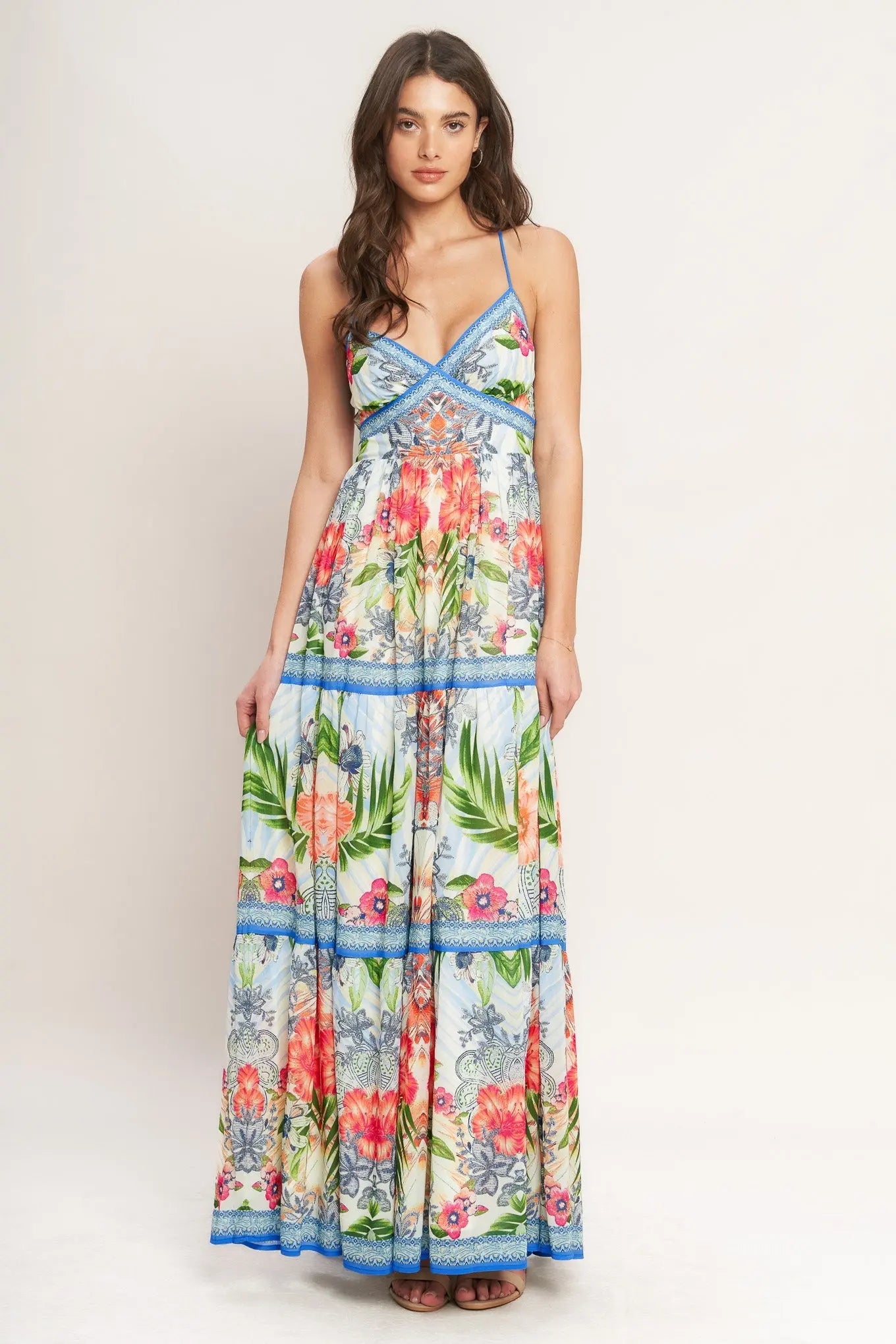 Fresh Botanical Scale Woven Maxi Dress With Cami Top Tiered Skirt Open Back Flying Tomato
