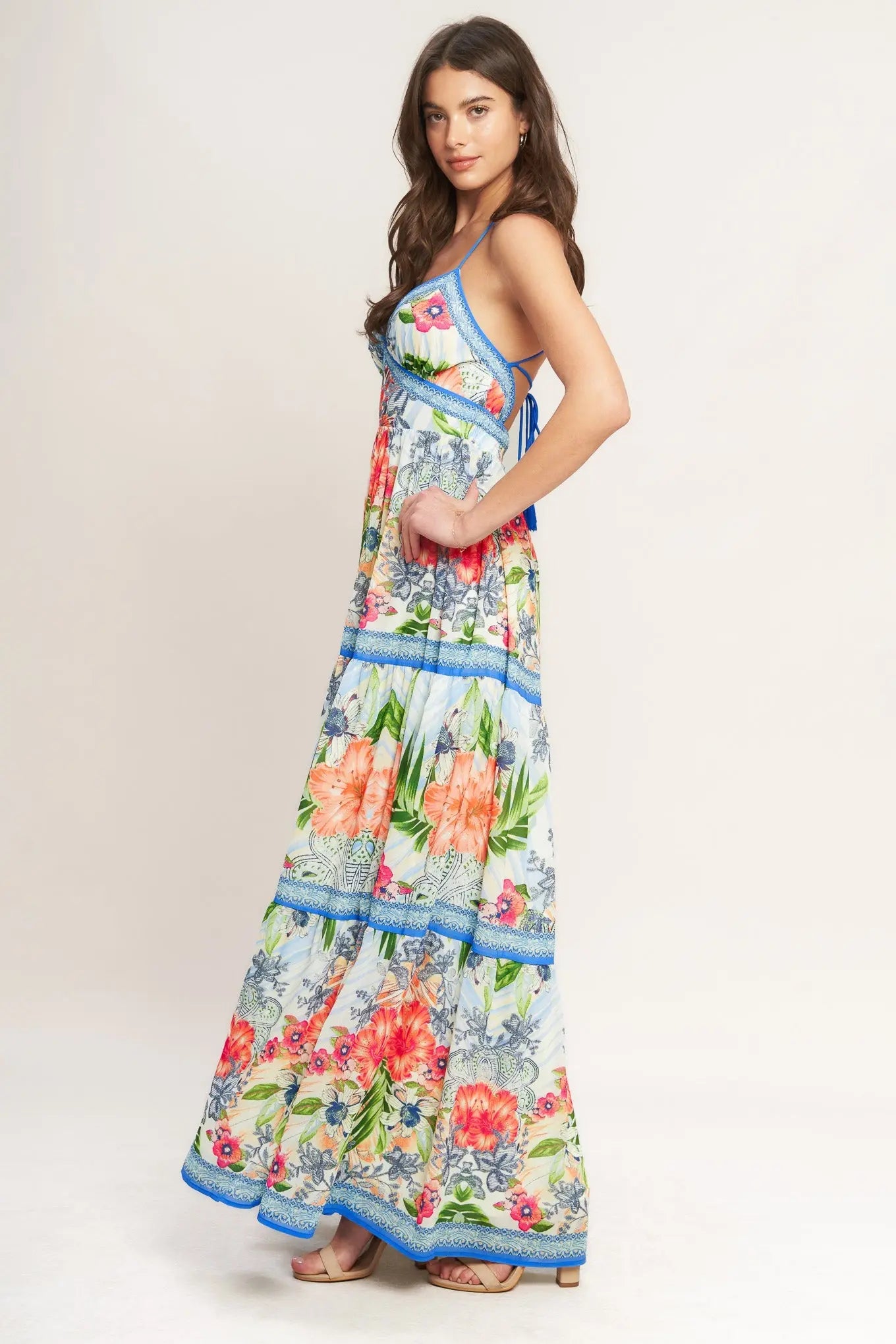 Fresh Botanical Scale Woven Maxi Dress With Cami Top Tiered Skirt Open Back Flying Tomato