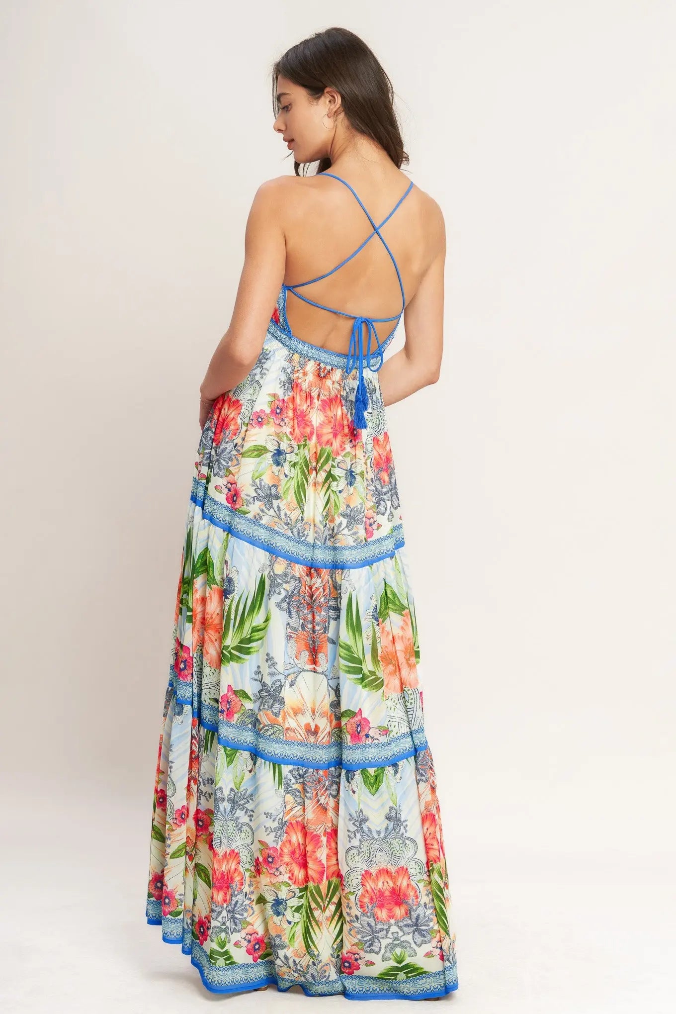Fresh Botanical Scale Woven Maxi Dress With Cami Top Tiered Skirt Open Back Flying Tomato