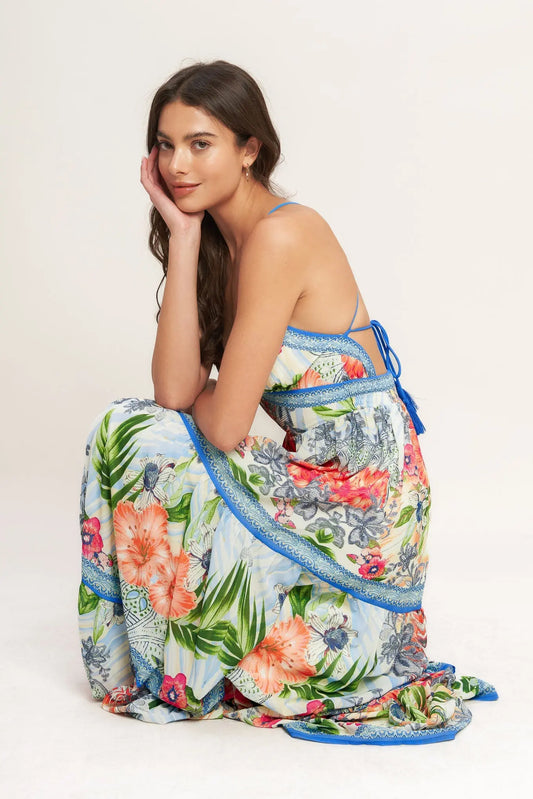 Fresh Botanical Scale Woven Maxi Dress With Cami Top Tiered Skirt Open Back Flying Tomato