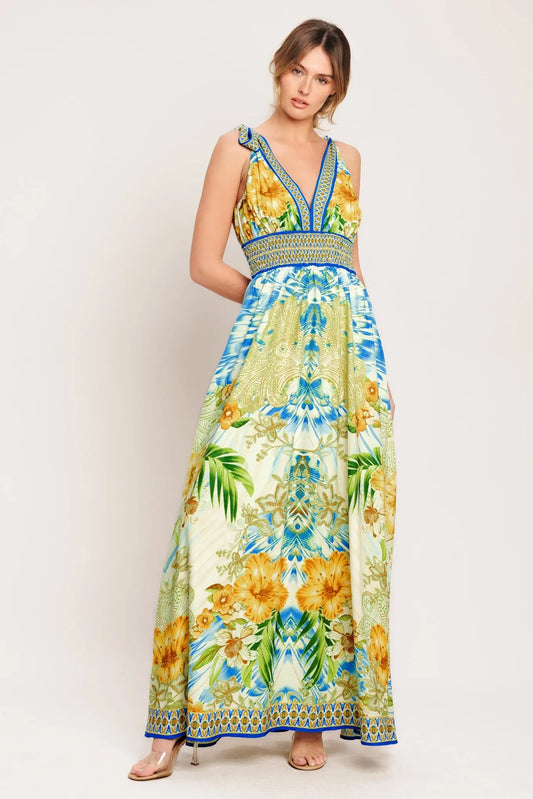 Resort Opulence Printed Maxi Dress With V Neck And Smocked Waist Flying Tomato