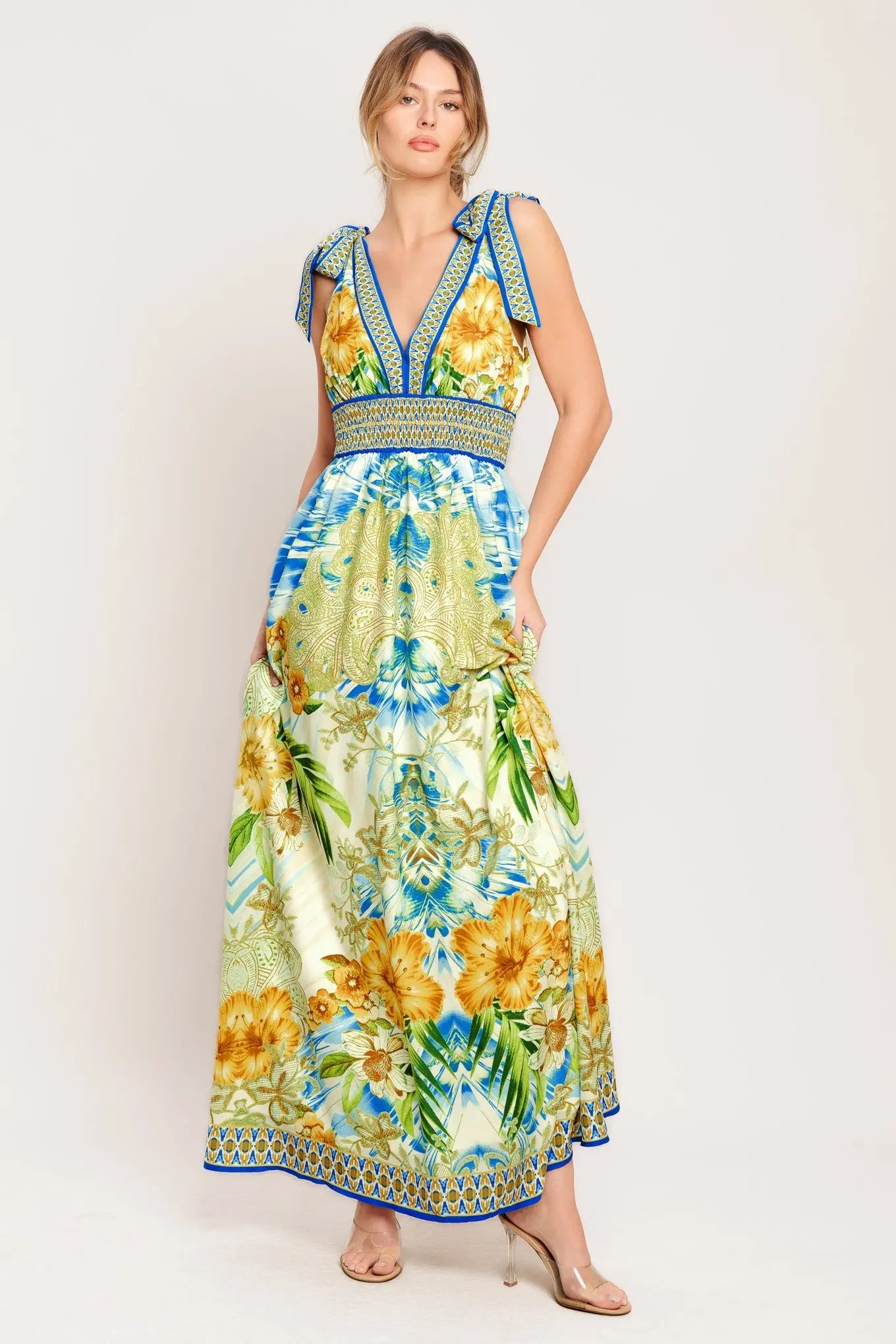 Resort Opulence Printed Maxi Dress With V Neck And Smocked Waist Flying Tomato