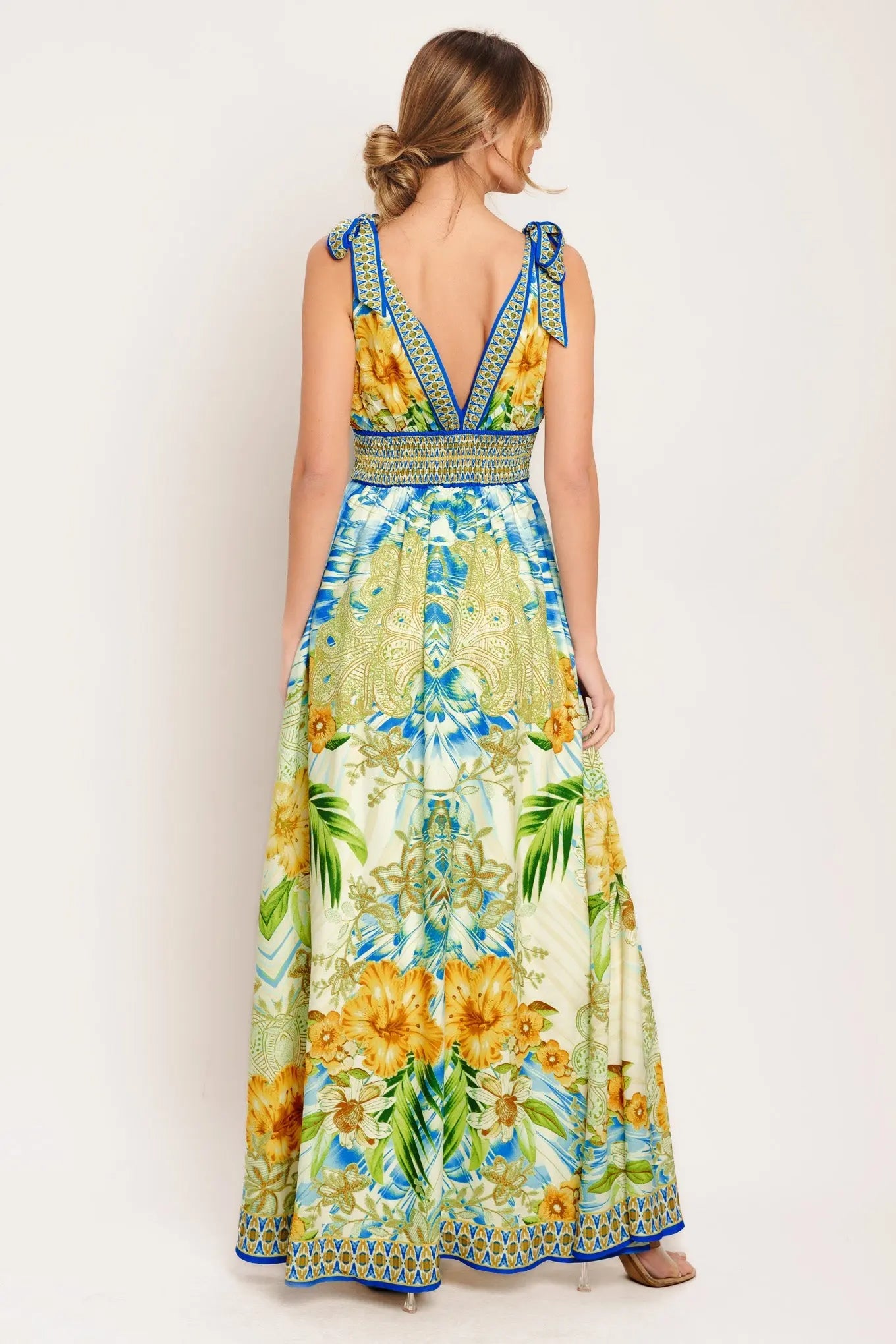 Resort Opulence Printed Maxi Dress With V Neck And Smocked Waist Flying Tomato
