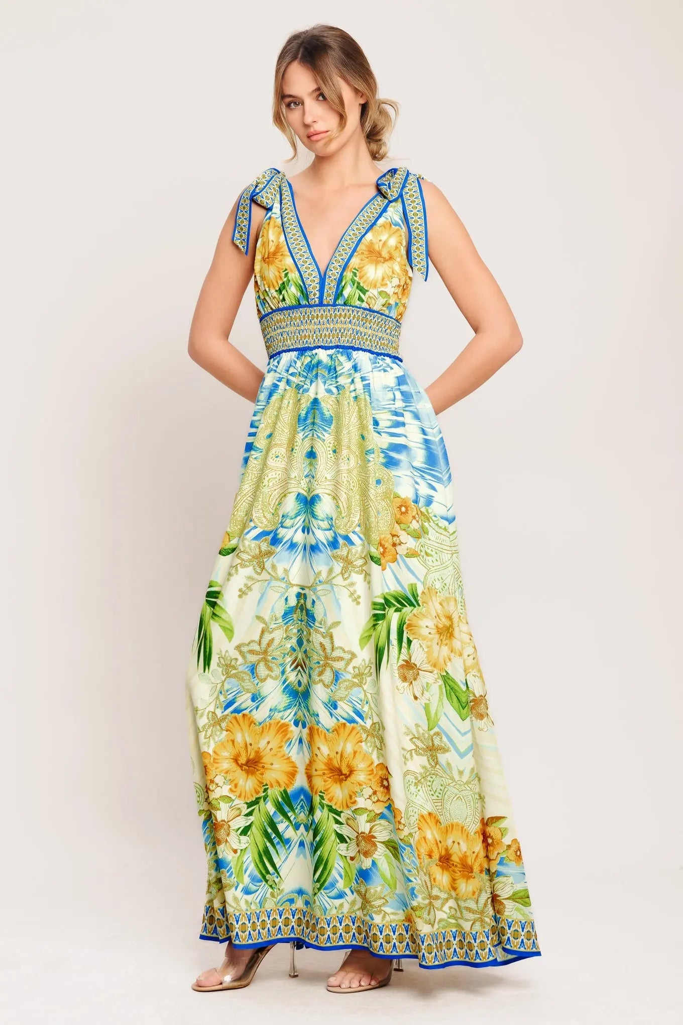Resort Opulence Printed Maxi Dress With V Neck And Smocked Waist Flying Tomato
