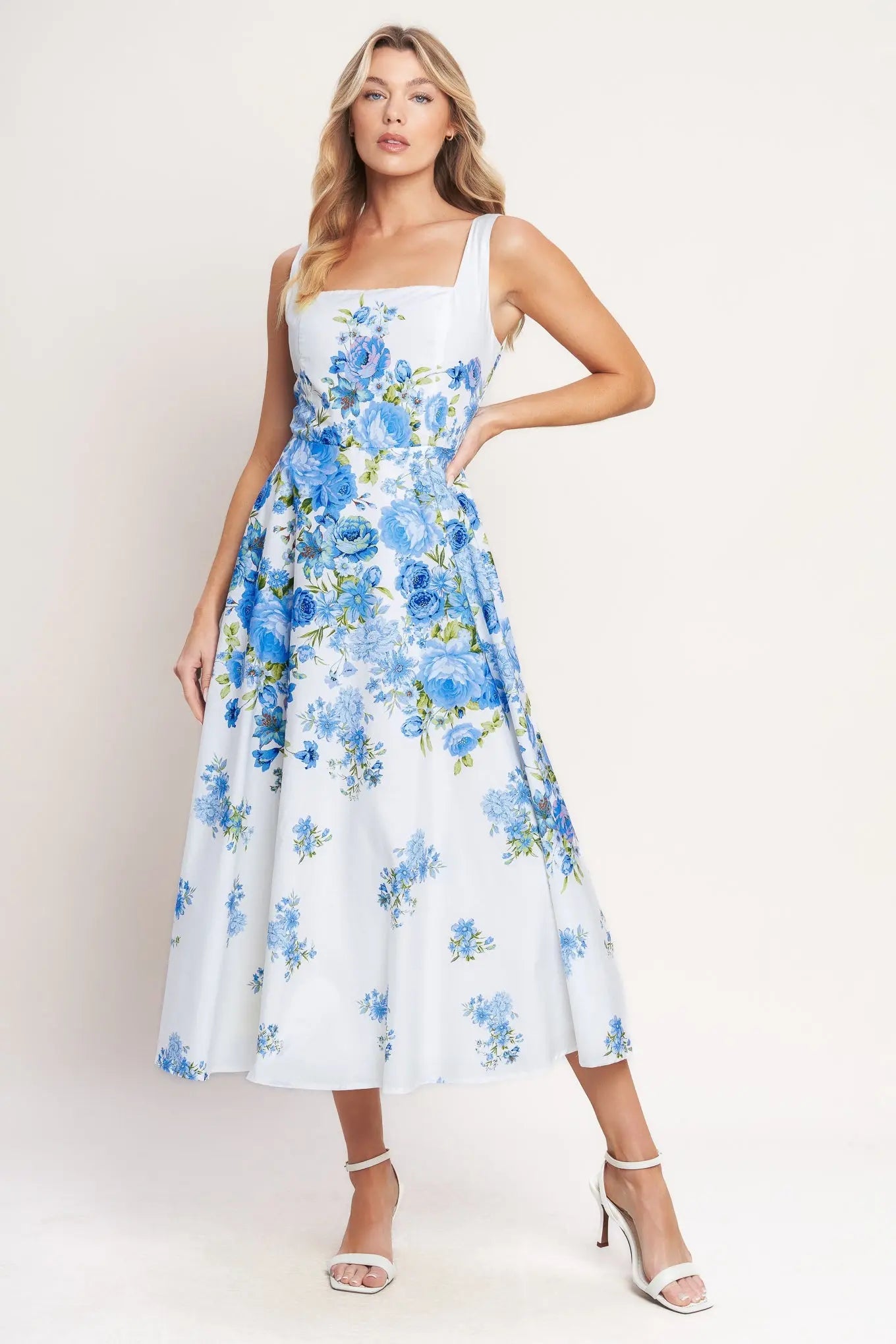 Classic Bloom Day Blue Floral Woven Midi Dress With Square Neck Flying Tomato