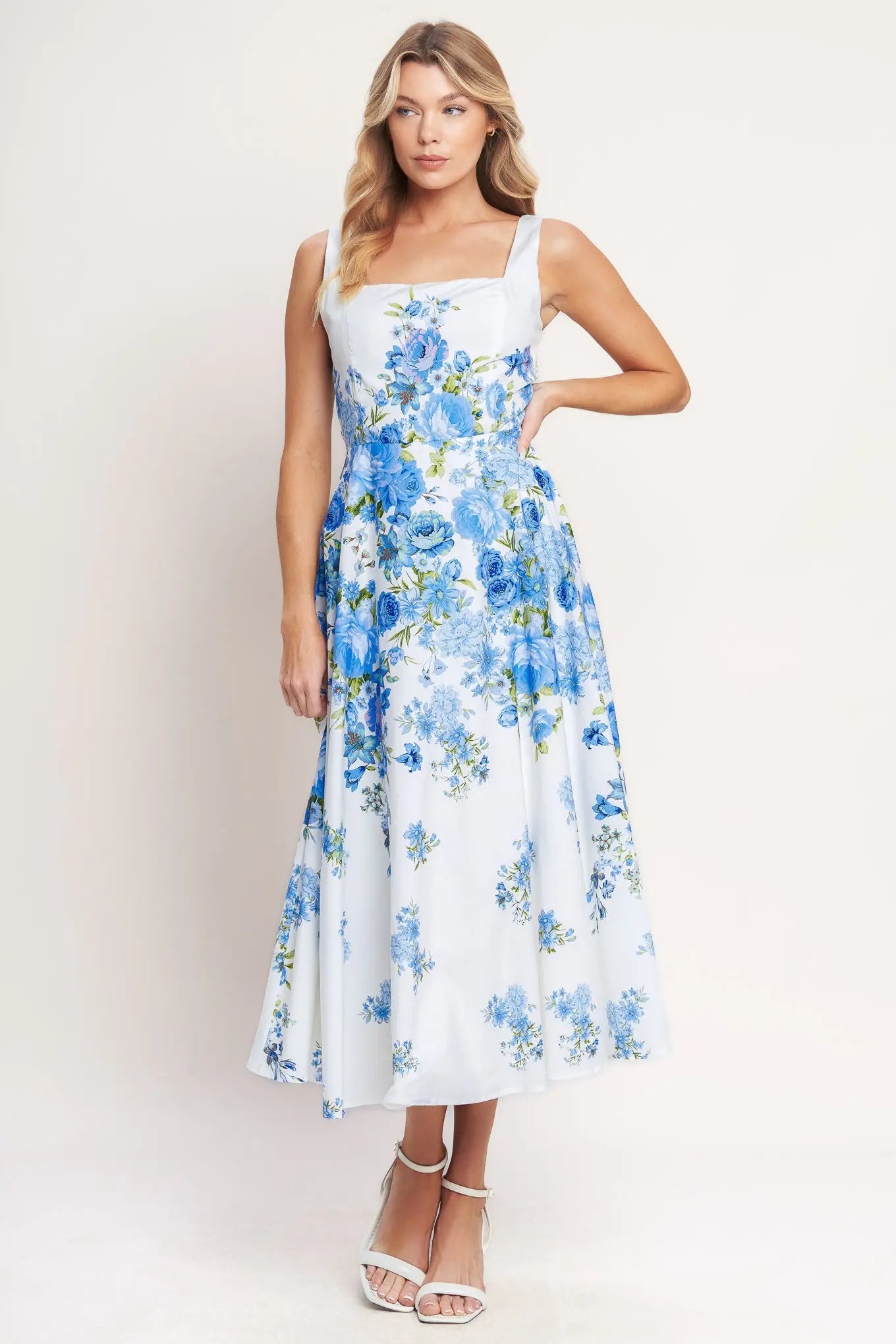 Classic Bloom Day Blue Floral Woven Midi Dress With Square Neck Flying Tomato