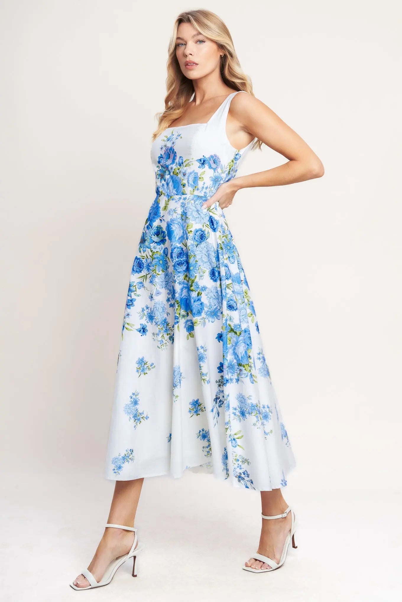 Classic Bloom Day Blue Floral Woven Midi Dress With Square Neck Flying Tomato