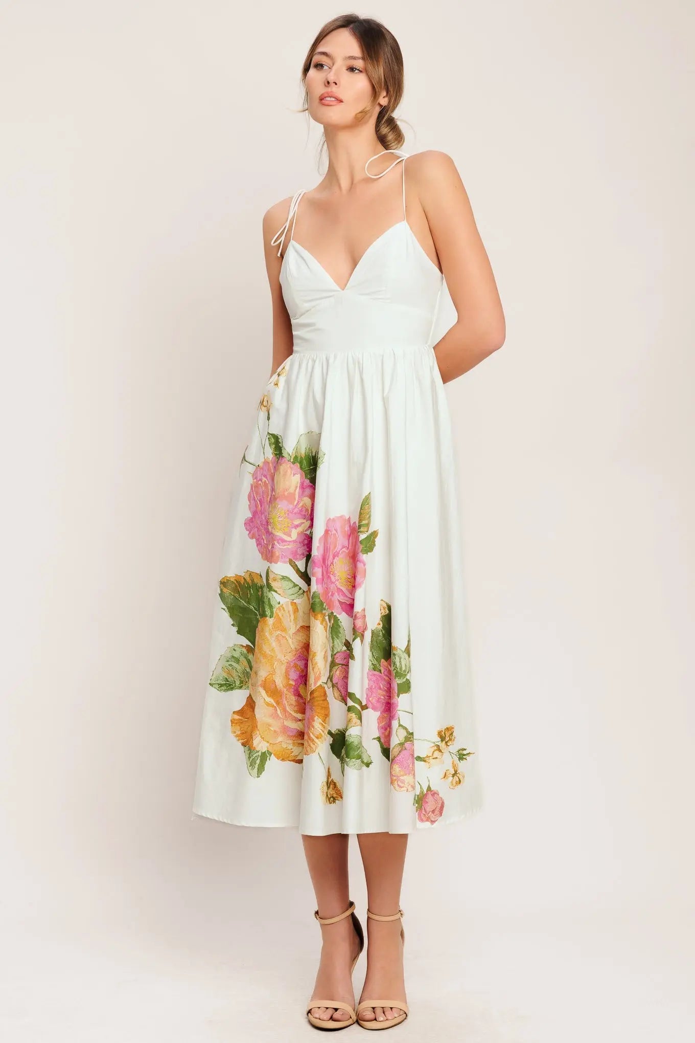 Poetic Bloom Floral Print Woven Midi Dress With Cami Straps Flying Tomato