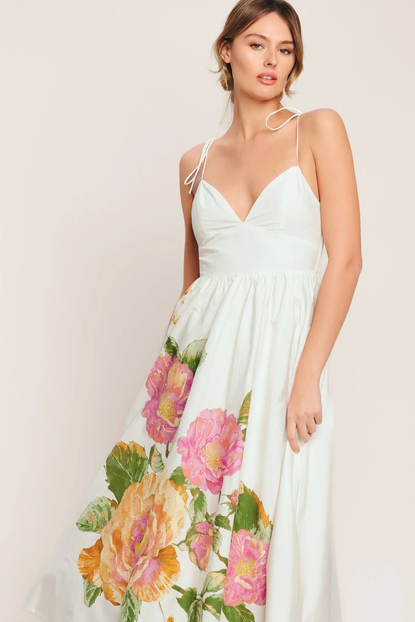 Poetic Bloom Floral Print Woven Midi Dress With Cami Straps Flying Tomato