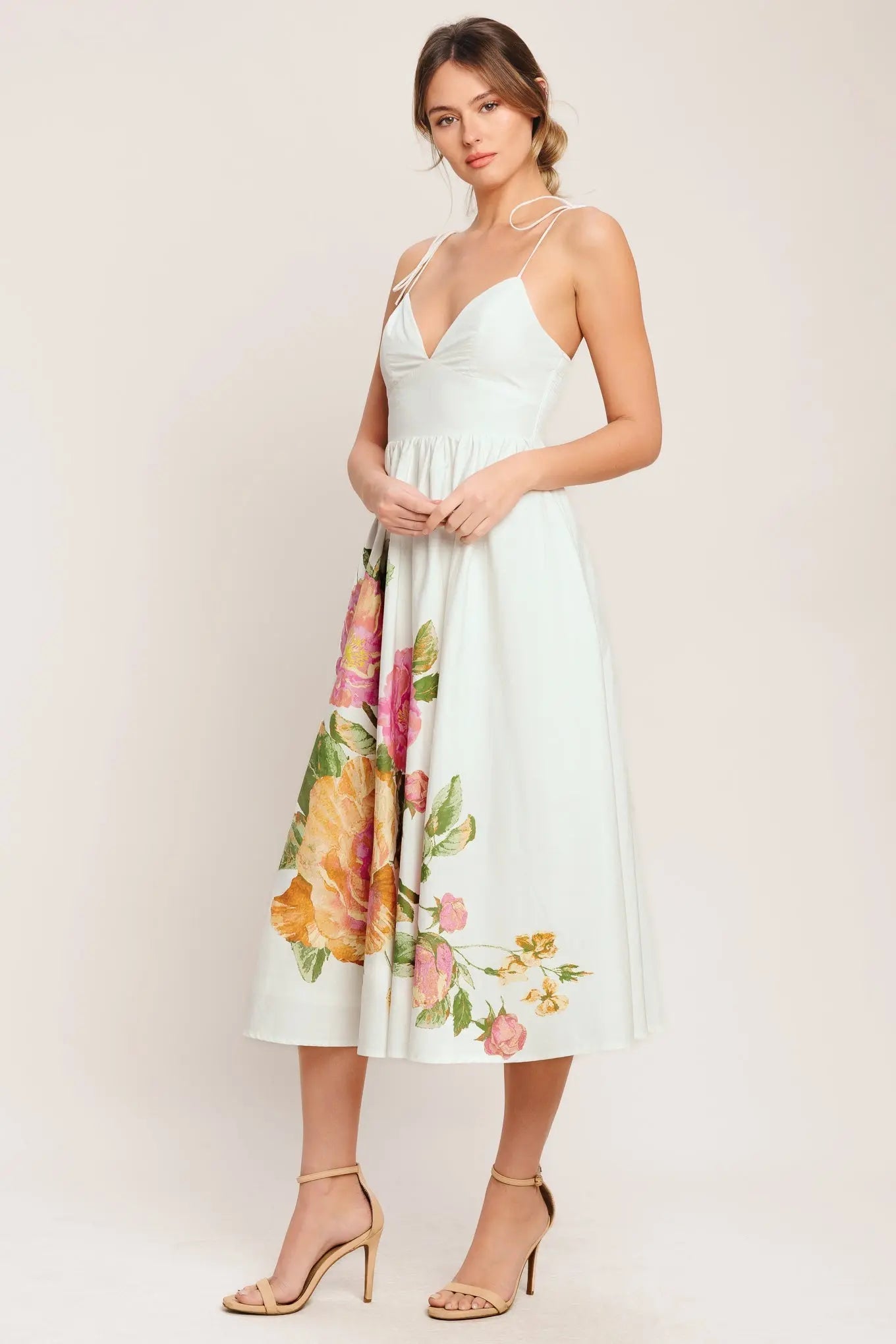 Poetic Bloom Floral Print Woven Midi Dress With Cami Straps Flying Tomato