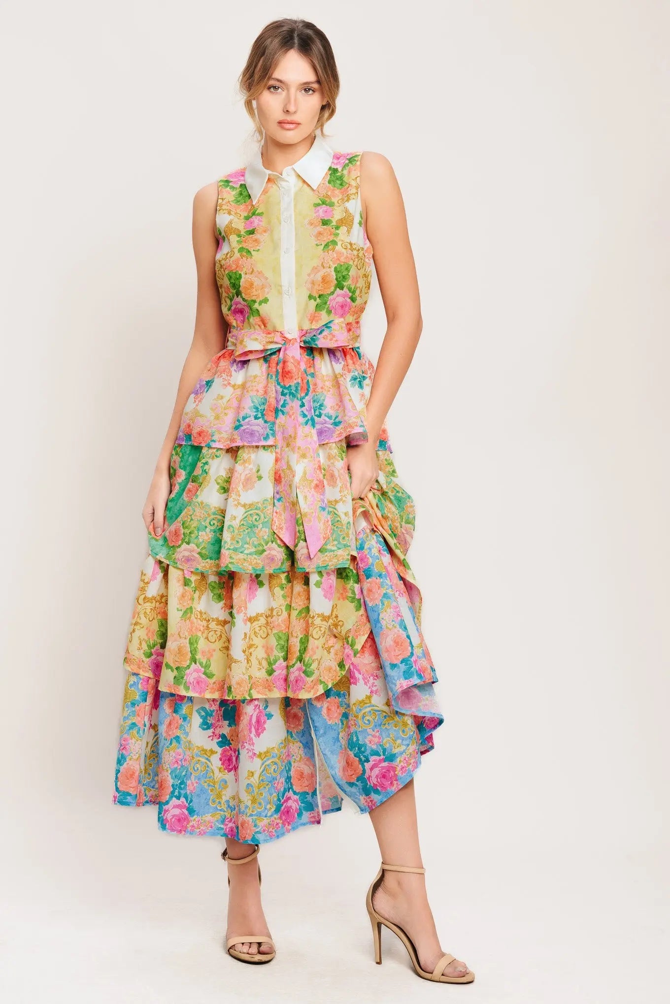 Layered Romance Printed Woven Midi Dress Sleeveless Collar Front Button Self Tie Flying Tomato