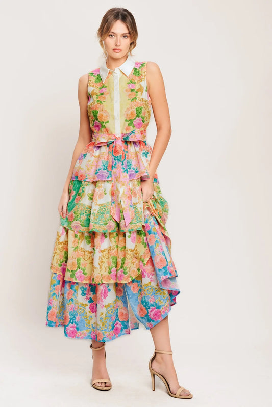 Layered Romance Printed Woven Midi Dress Sleeveless Collar Front Button Self Tie Flying Tomato
