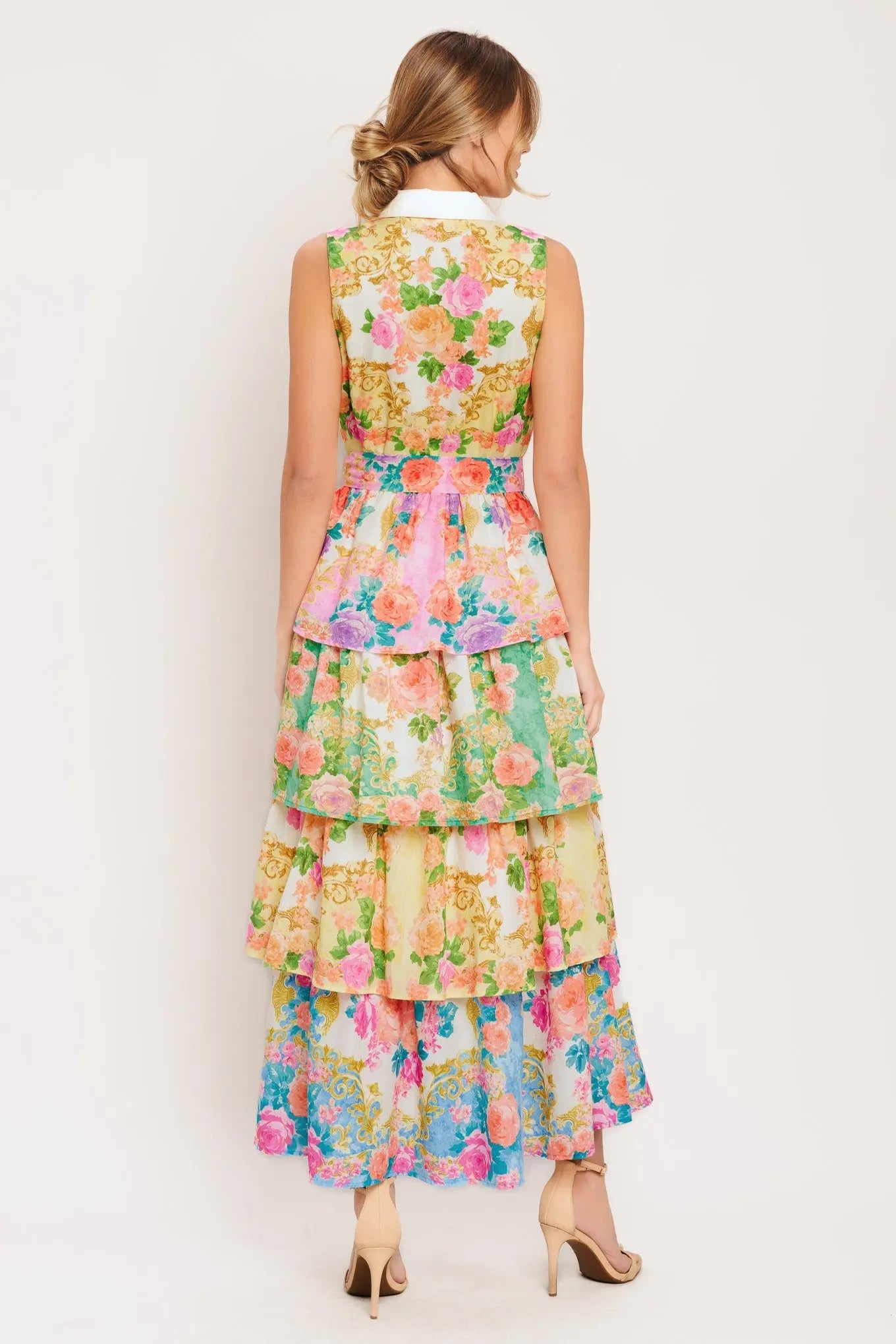 Layered Romance Printed Woven Midi Dress Sleeveless Collar Front Button Self Tie Flying Tomato