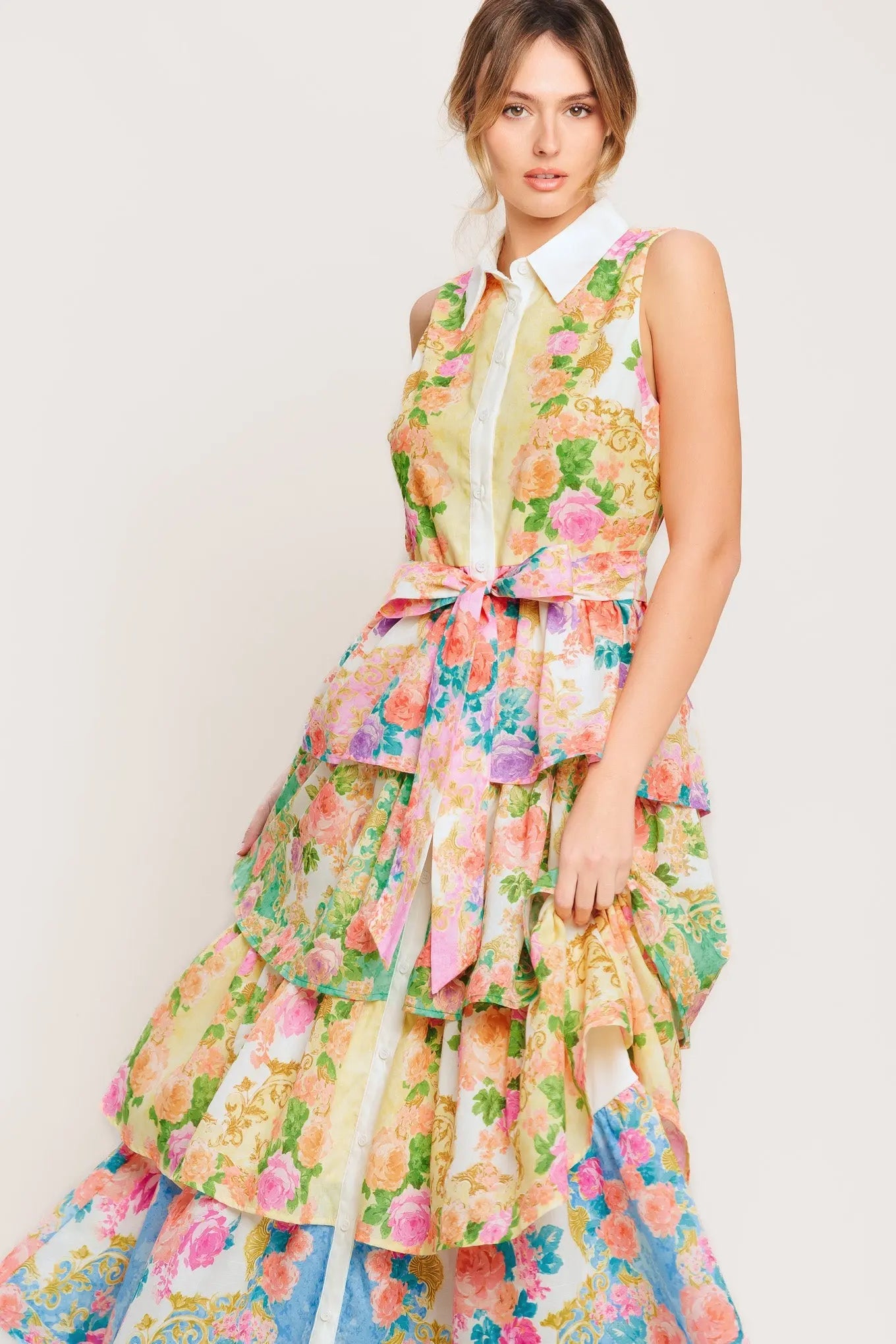 Layered Romance Printed Woven Midi Dress Sleeveless Collar Front Button Self Tie Flying Tomato