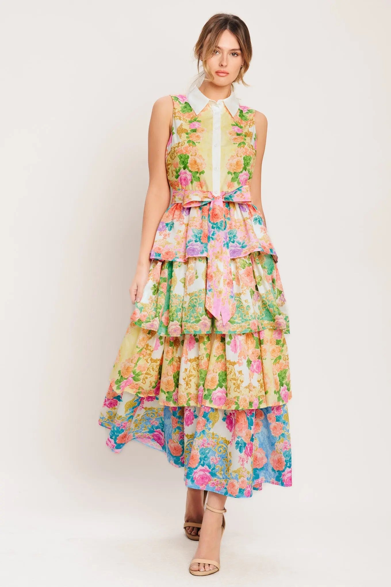 Layered Romance Printed Woven Midi Dress Sleeveless Collar Front Button Self Tie Flying Tomato