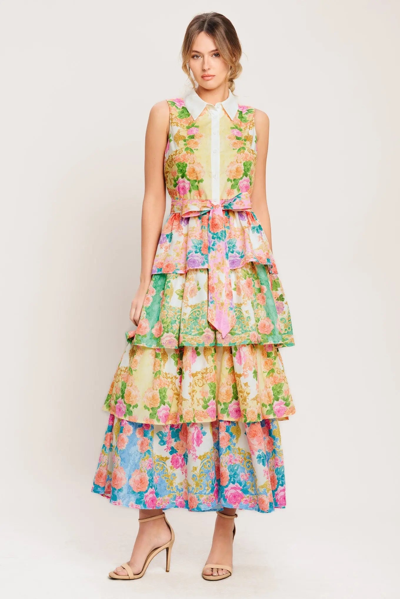 Layered Romance Printed Woven Midi Dress Sleeveless Collar Front Button Self Tie Flying Tomato