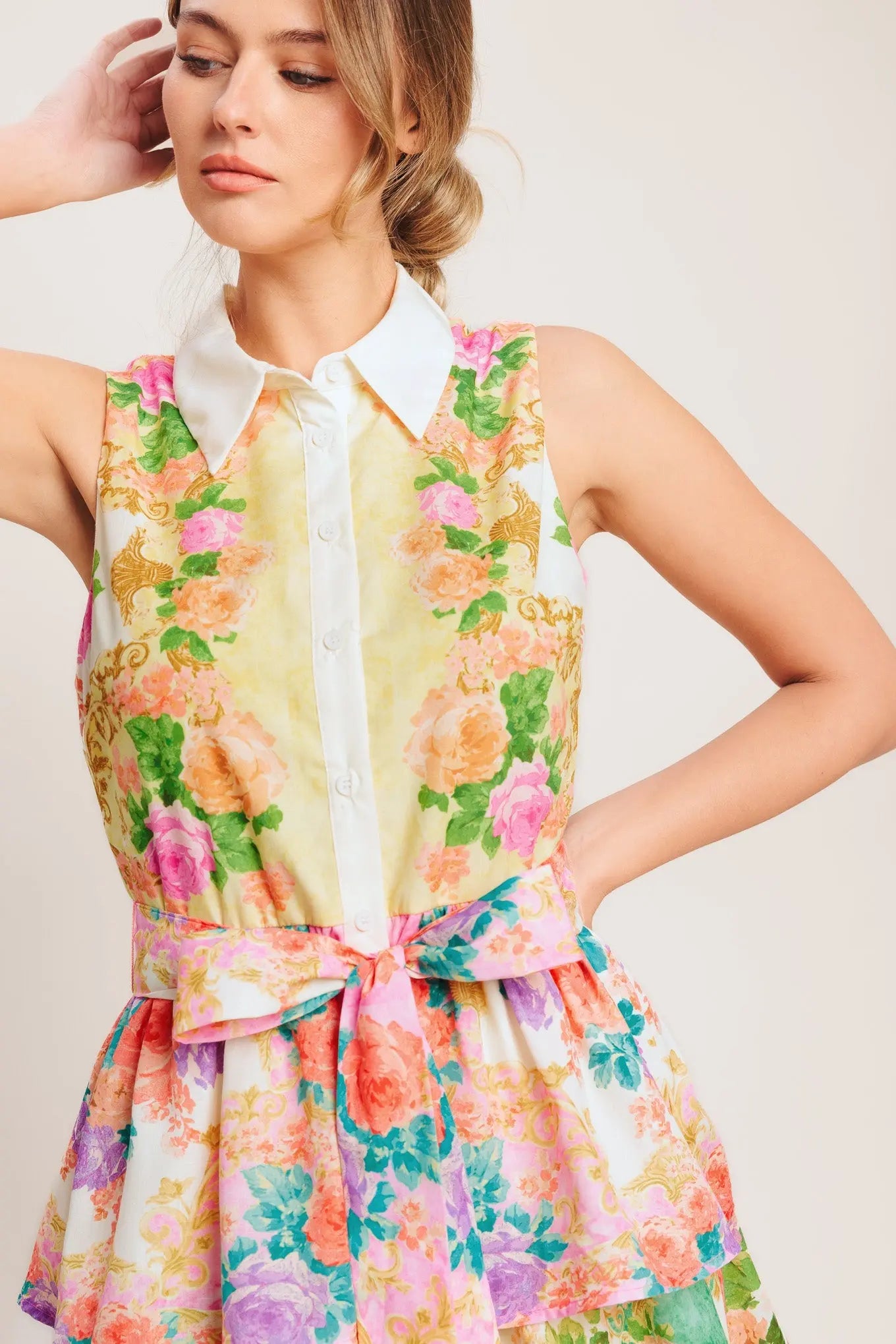 Layered Romance Printed Woven Midi Dress Sleeveless Collar Front Button Self Tie Flying Tomato