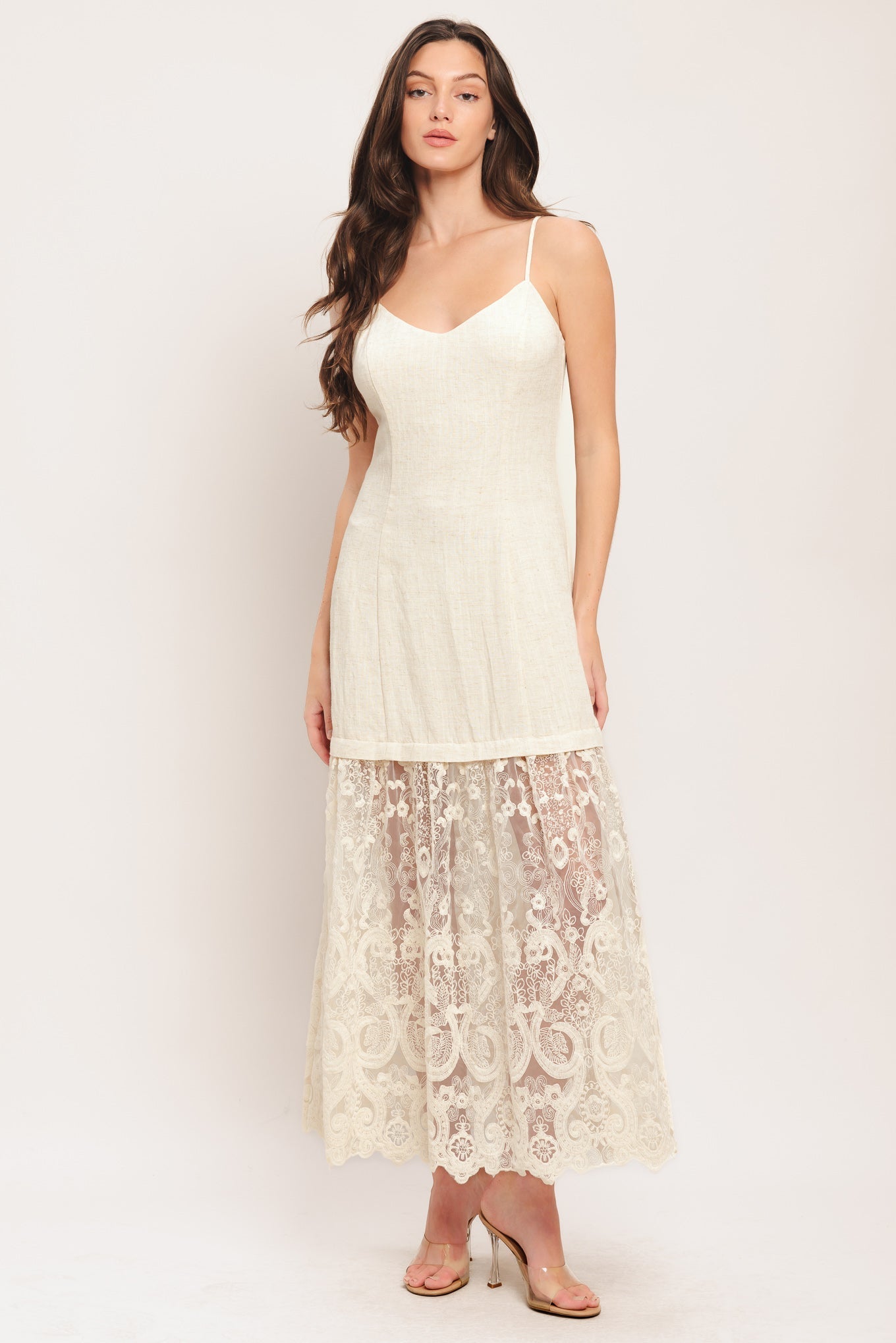 Milk Petal Woven Lace Midi Dress With Cami Bodice And Lace Hem Flying Tomato