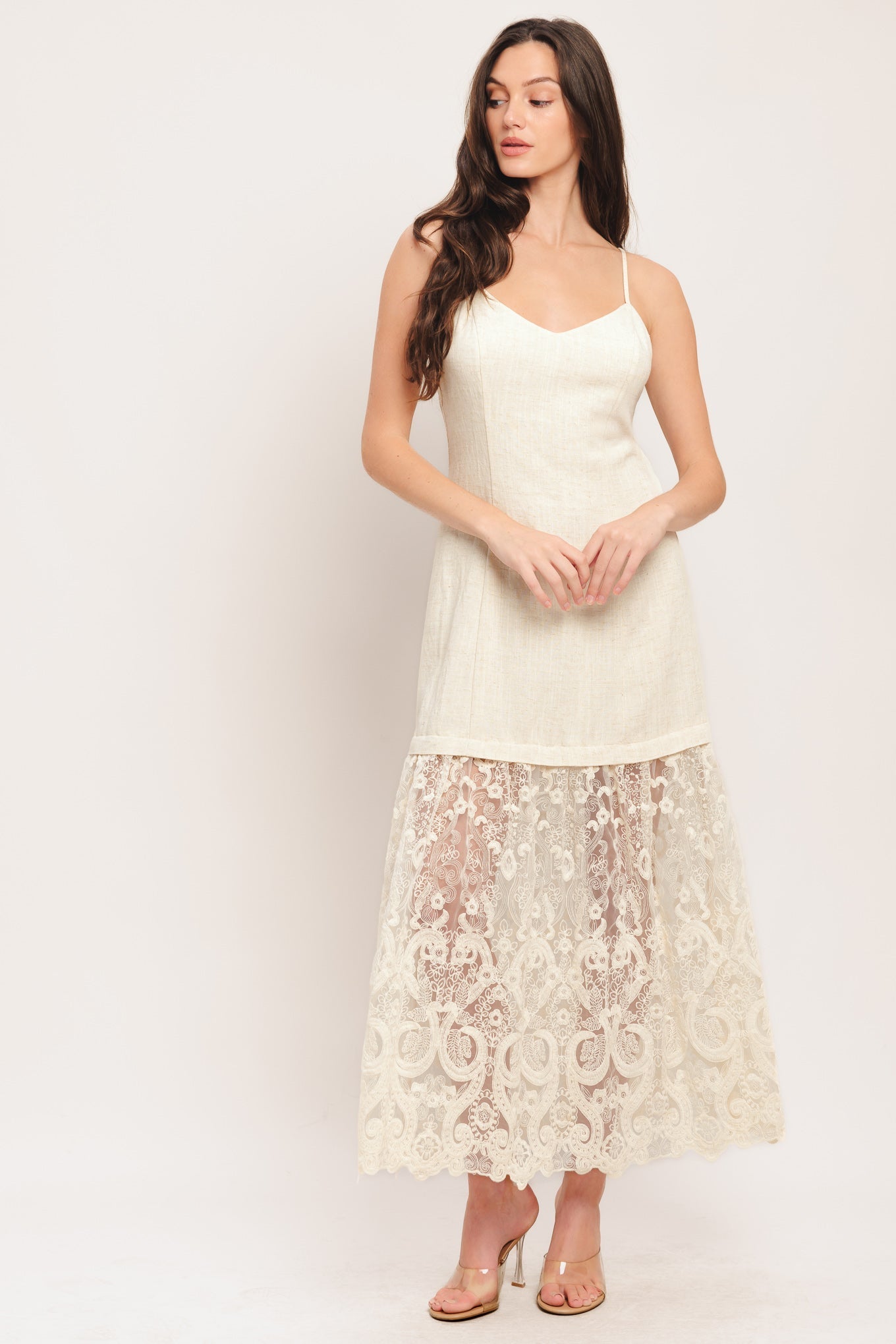 Milk Petal Woven Lace Midi Dress With Cami Bodice And Lace Hem Flying Tomato