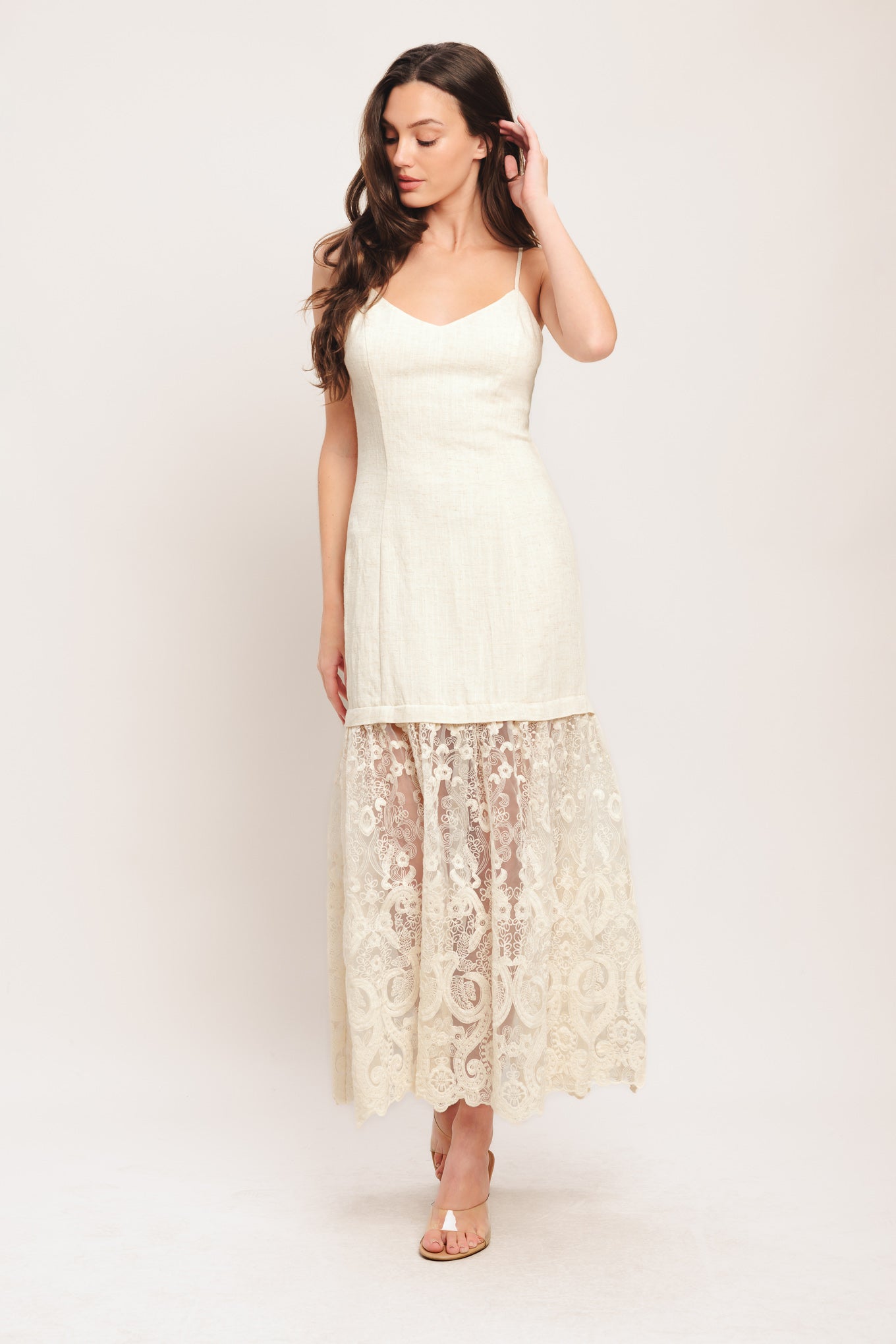 Milk Petal Woven Lace Midi Dress With Cami Bodice And Lace Hem Flying Tomato