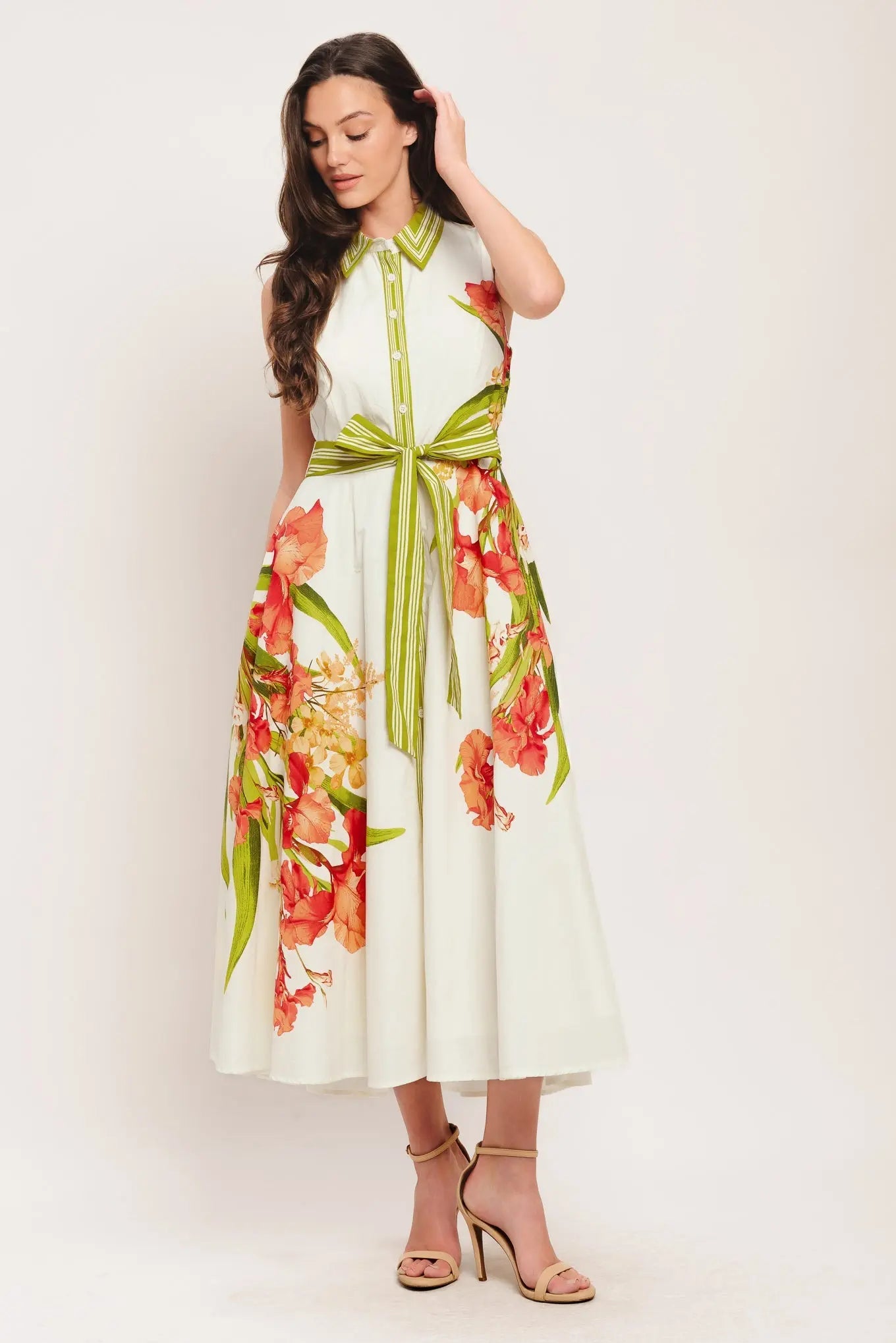 Floral Print Sleeveless Woven Midi Dress With Collar And Self Tie Belt Flying Tomato
