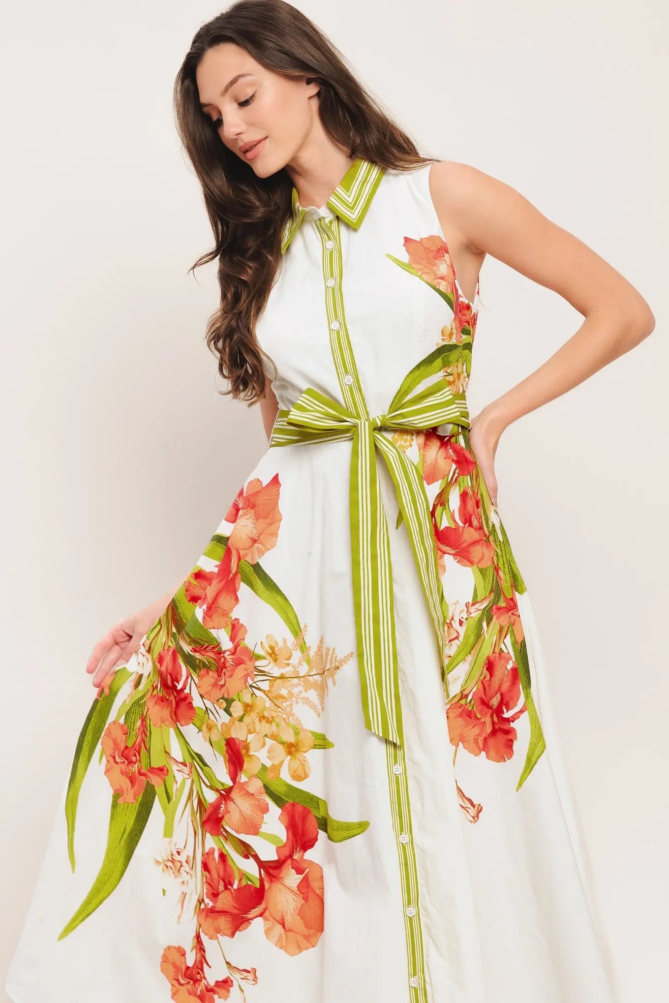 Floral Print Sleeveless Woven Midi Dress With Collar And Self Tie Belt Flying Tomato