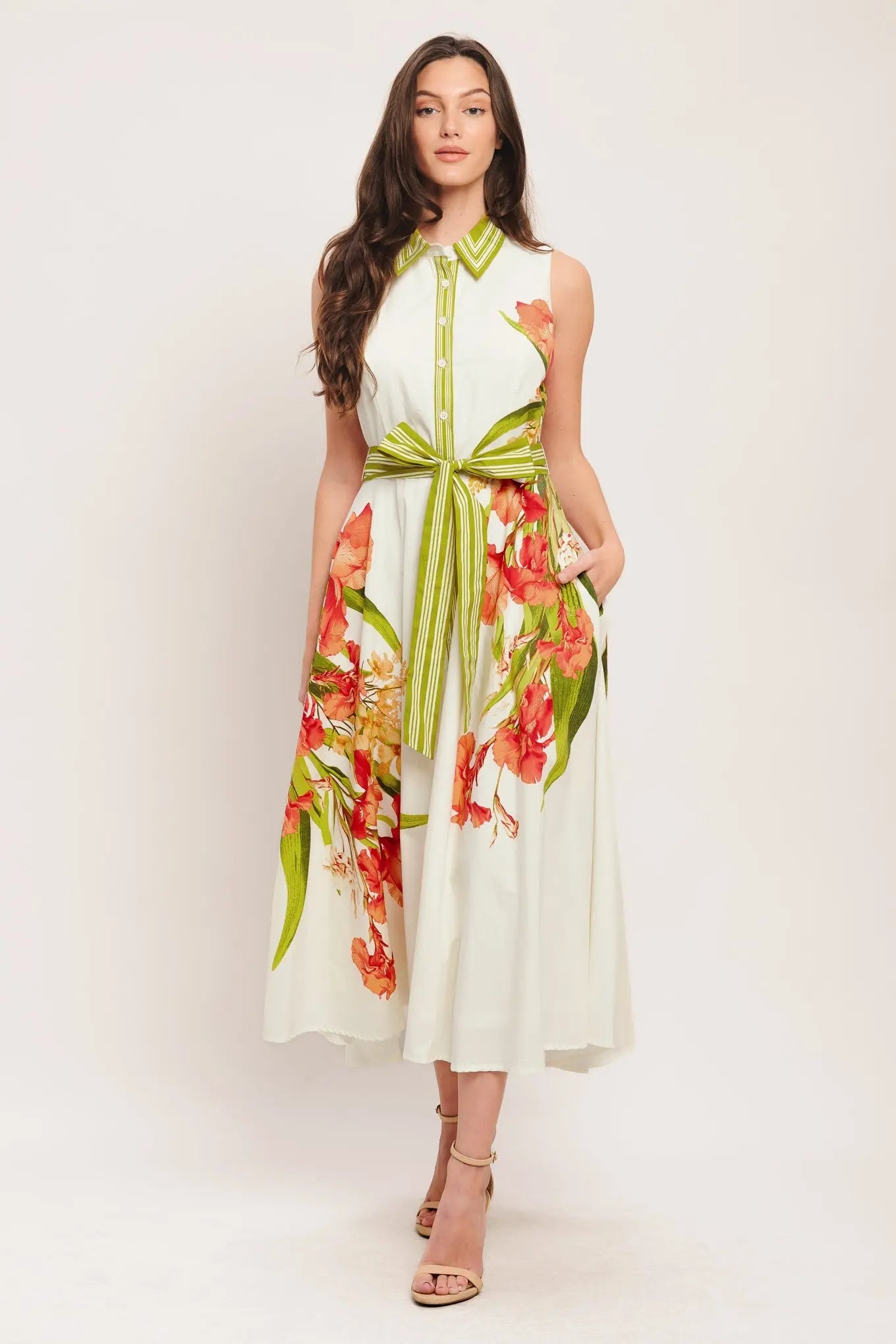 Floral Print Sleeveless Woven Midi Dress With Collar And Self Tie Belt Flying Tomato