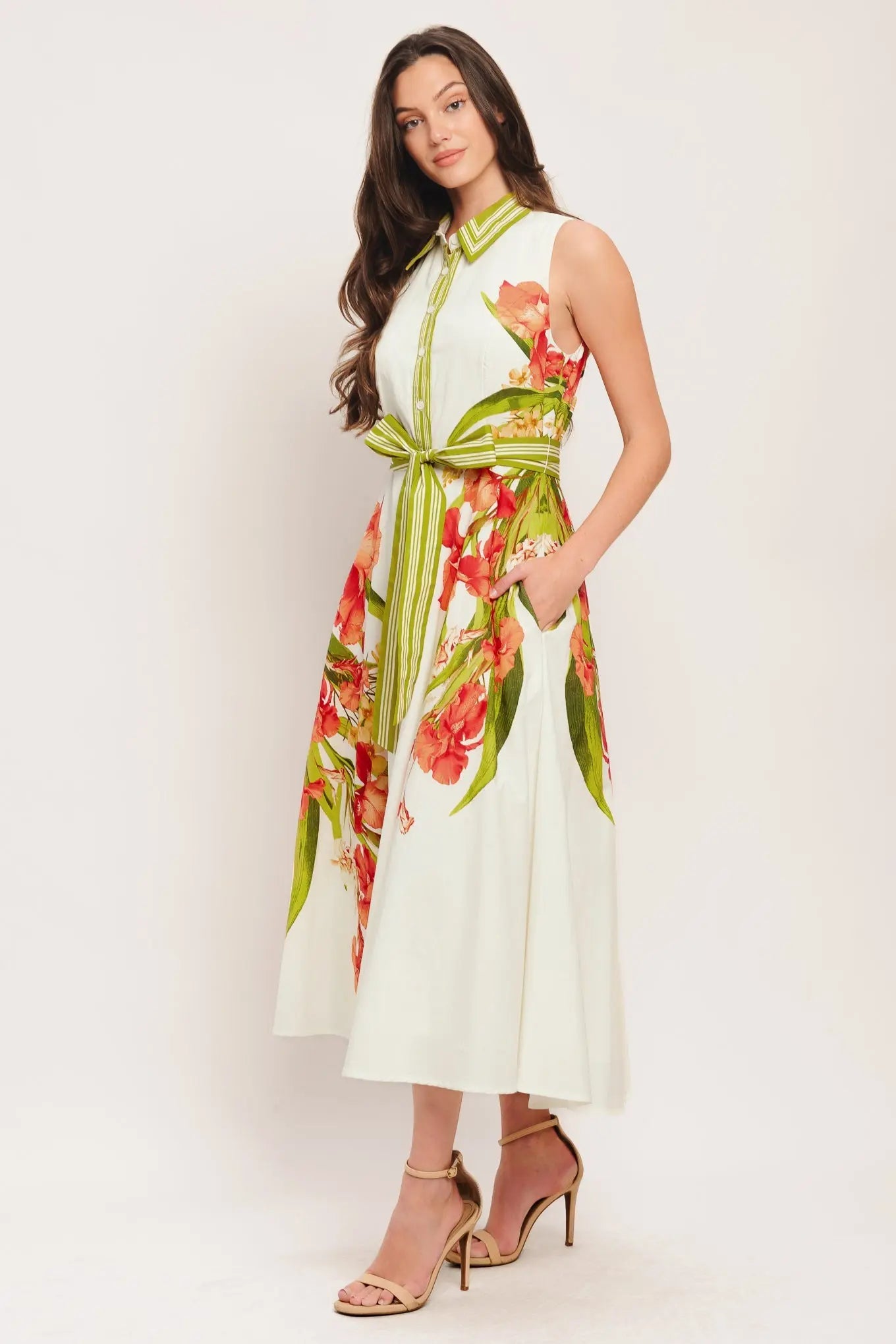 Floral Print Sleeveless Woven Midi Dress With Collar And Self Tie Belt Flying Tomato