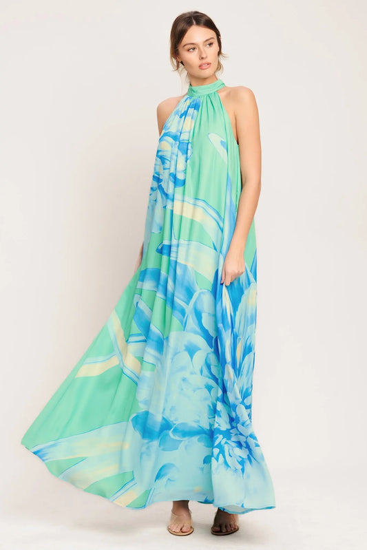 Blue Horizon Printed Woven Maxi Dress Halter Neck With Belt Back Button Closure Flying Tomato