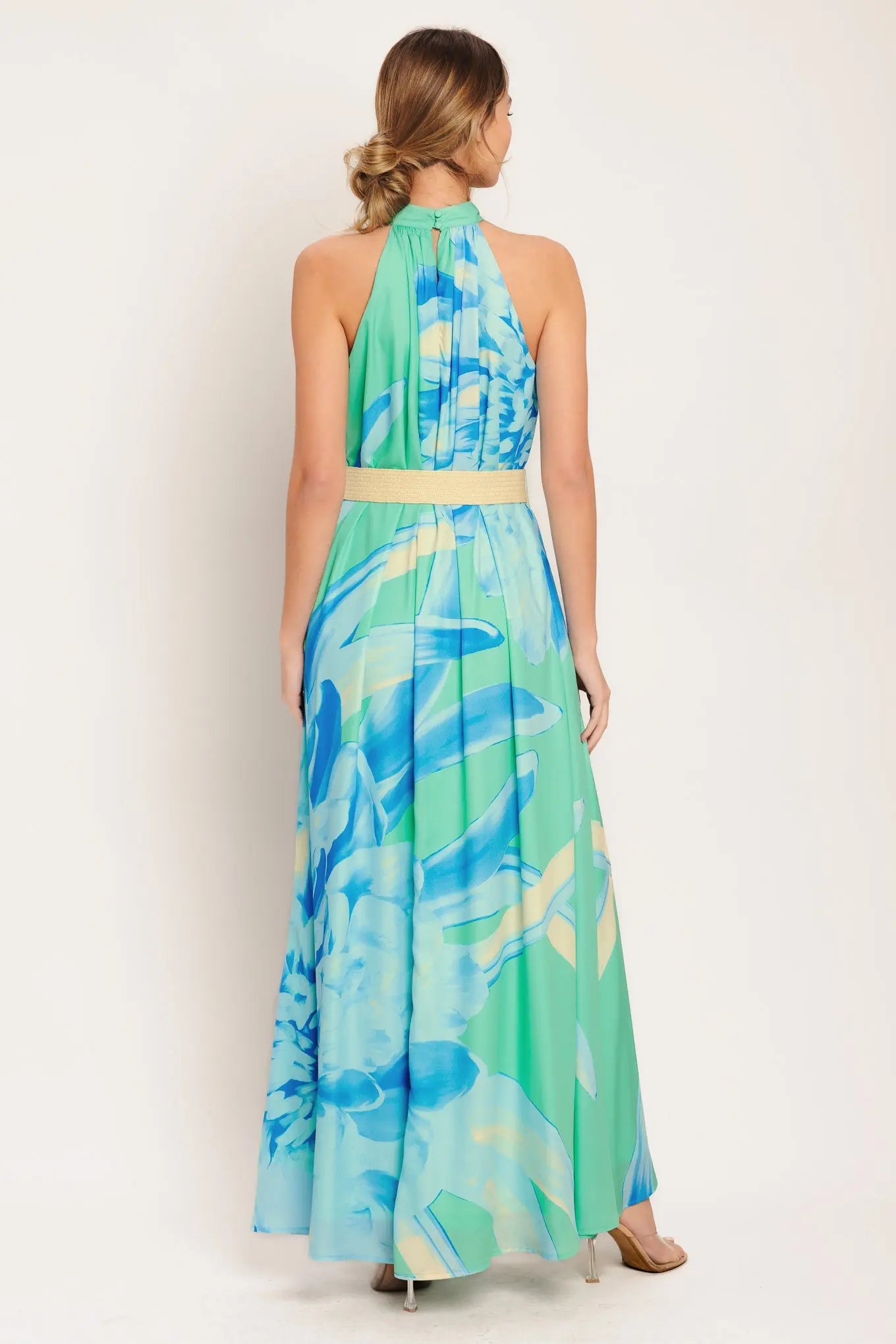 Blue Horizon Printed Woven Maxi Dress Halter Neck With Belt Back Button Closure Flying Tomato