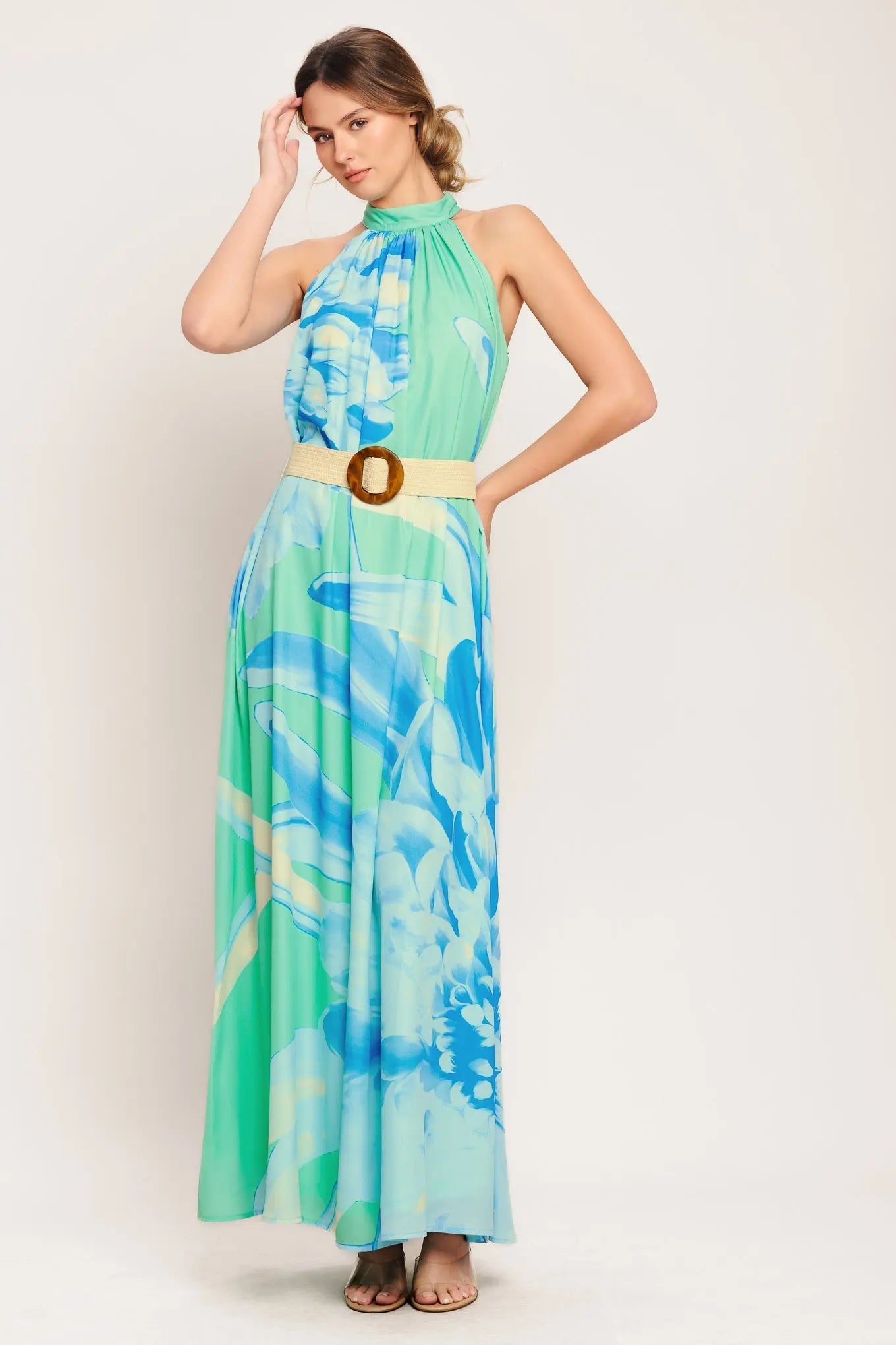 Blue Horizon Printed Woven Maxi Dress Halter Neck With Belt Back Button Closure Flying Tomato