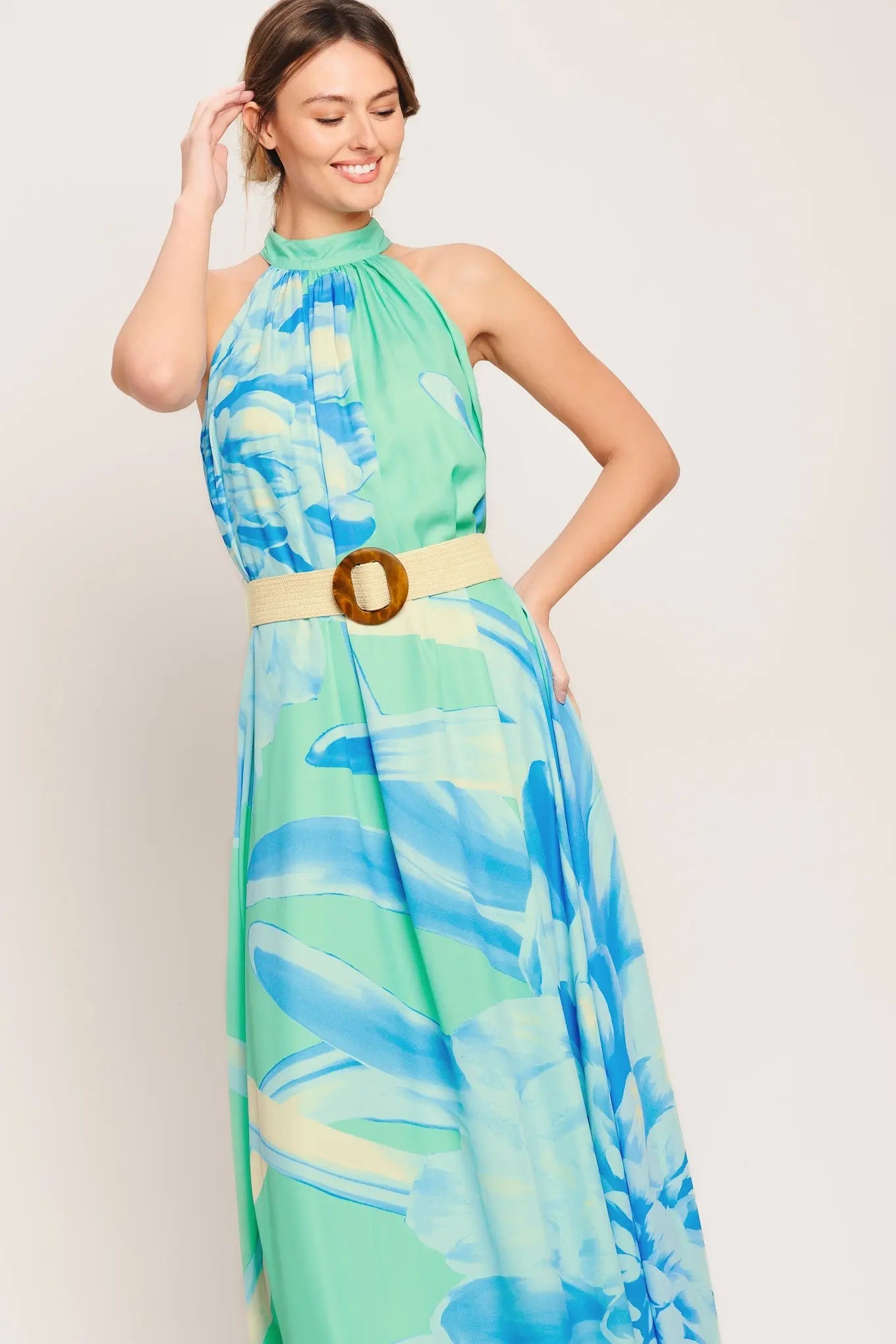 Blue Horizon Printed Woven Maxi Dress Halter Neck With Belt Back Button Closure Flying Tomato