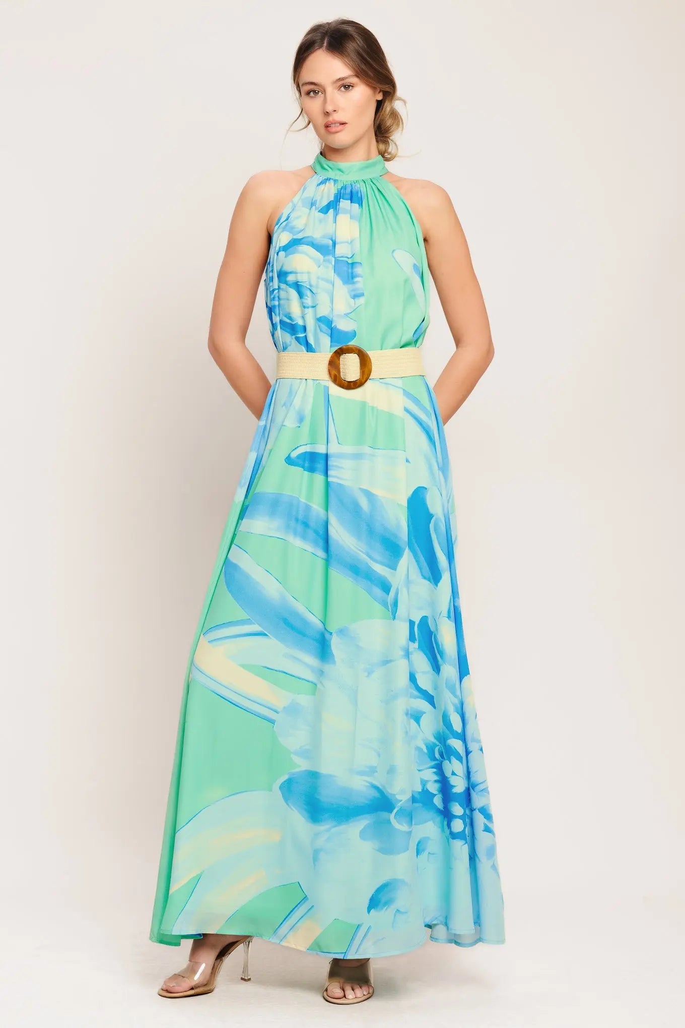 Blue Horizon Printed Woven Maxi Dress Halter Neck With Belt Back Button Closure Flying Tomato