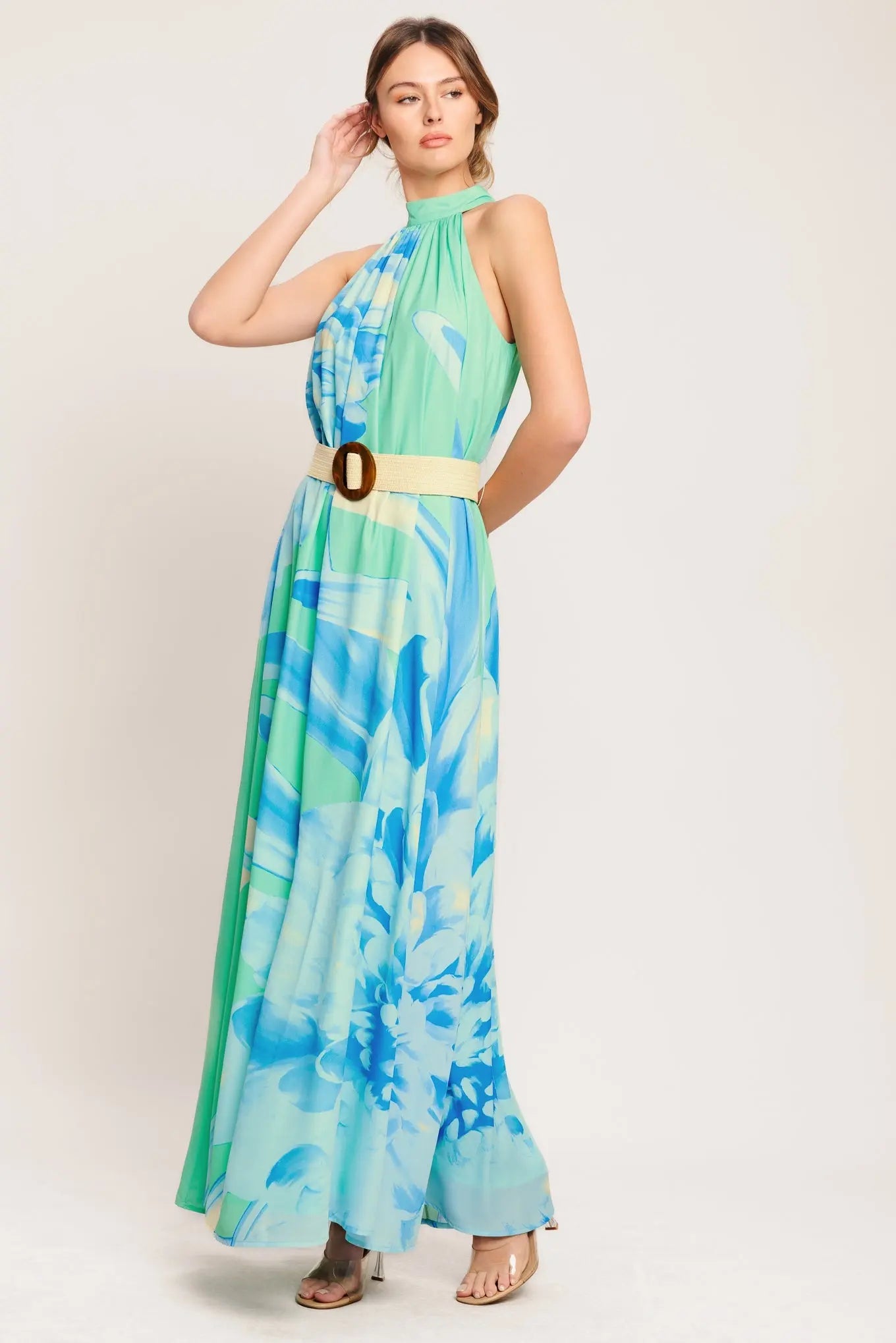 Blue Horizon Printed Woven Maxi Dress Halter Neck With Belt Back Button Closure Flying Tomato
