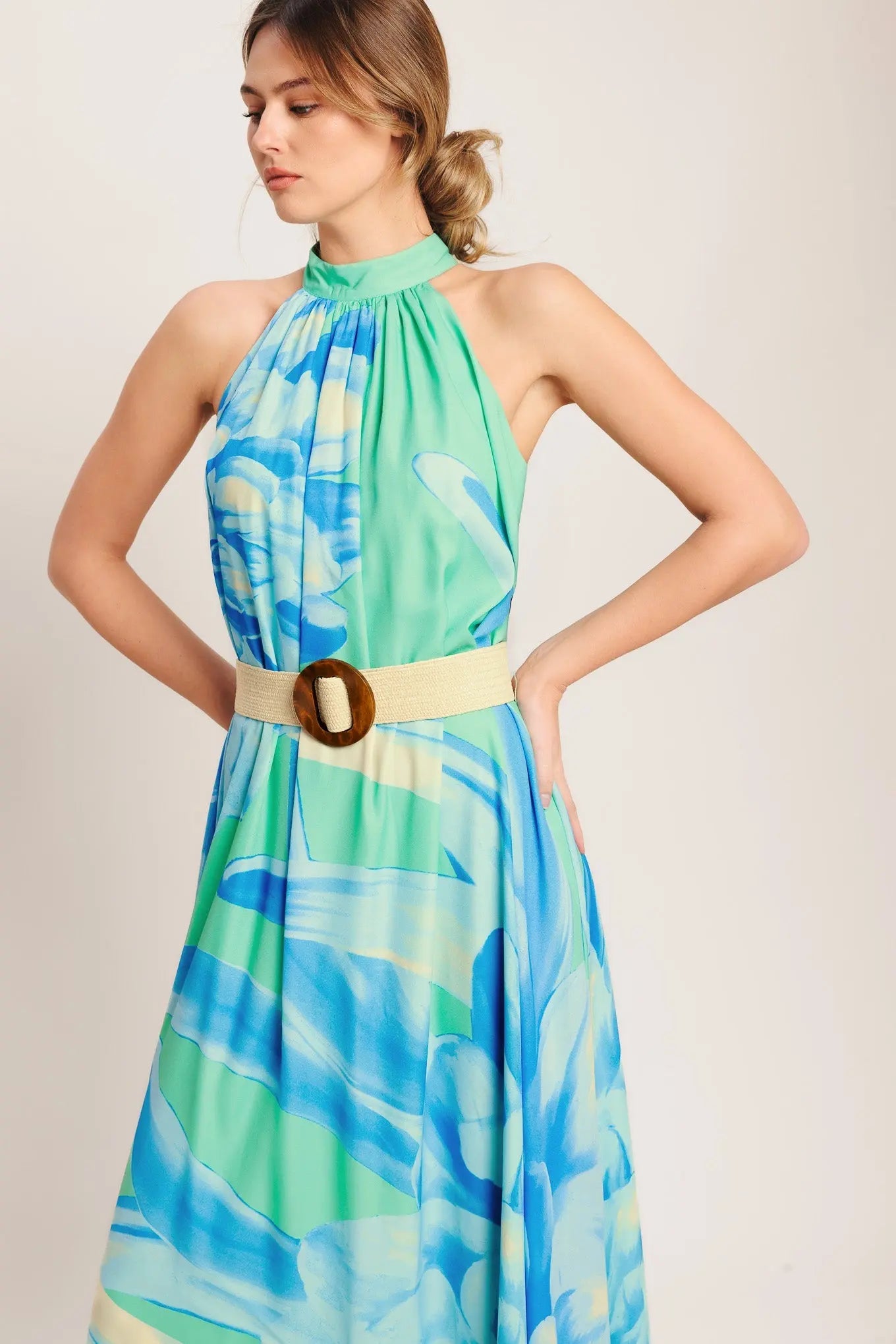 Blue Horizon Printed Woven Maxi Dress Halter Neck With Belt Back Button Closure Flying Tomato