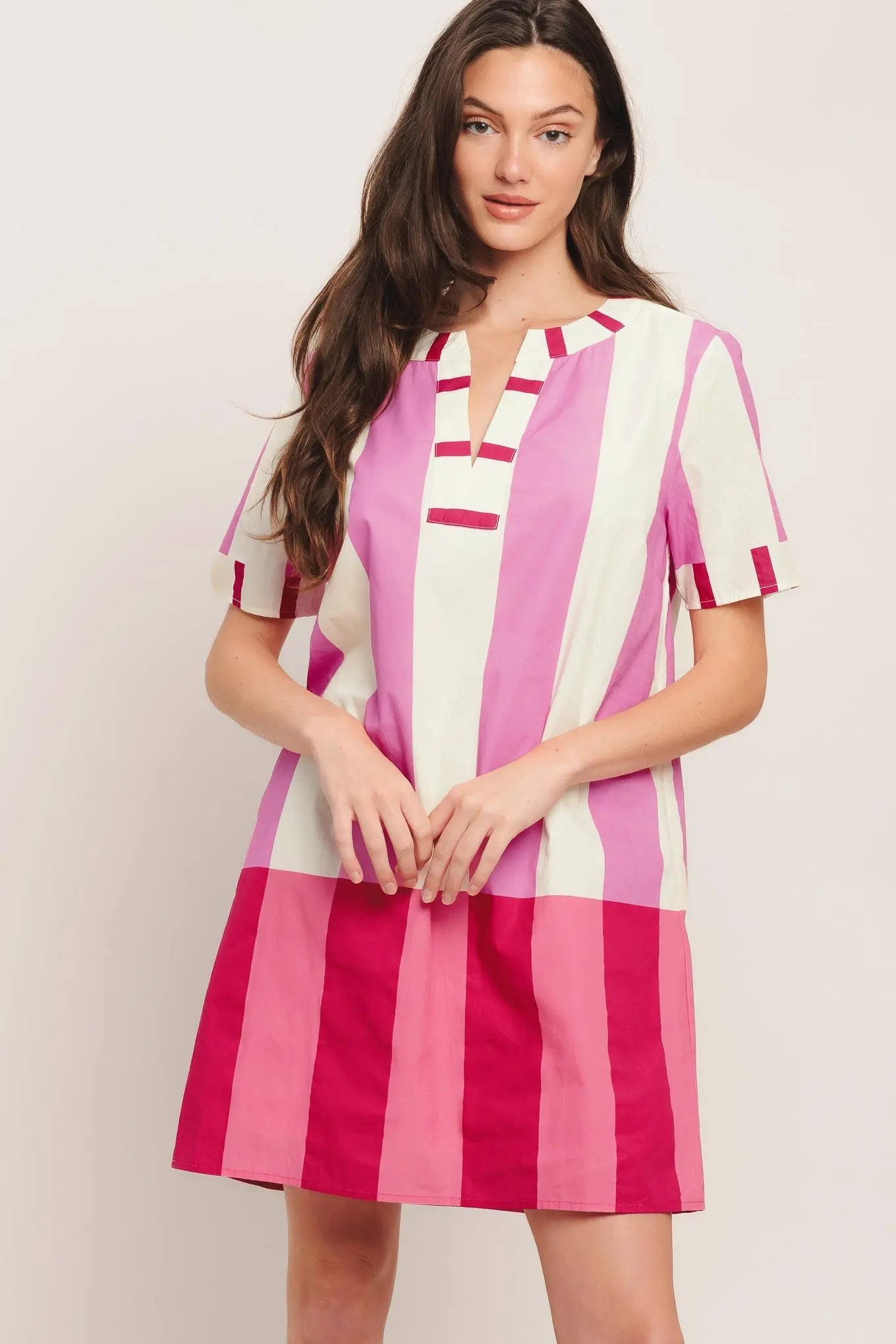 Fresh Pink Striped Woven Mini Dress With Short Sleeves Flying Tomato