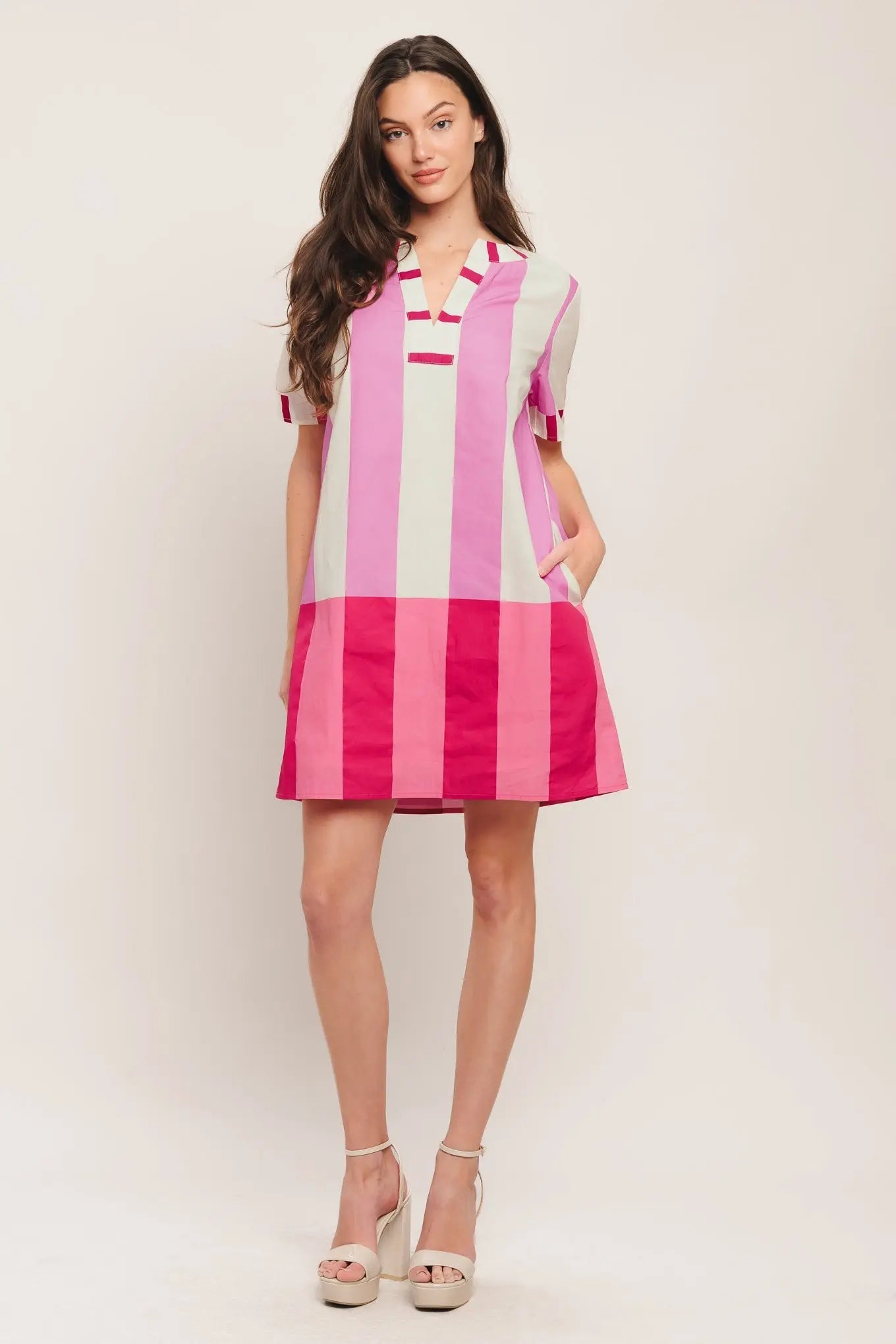 Fresh Pink Striped Woven Mini Dress With Short Sleeves Flying Tomato