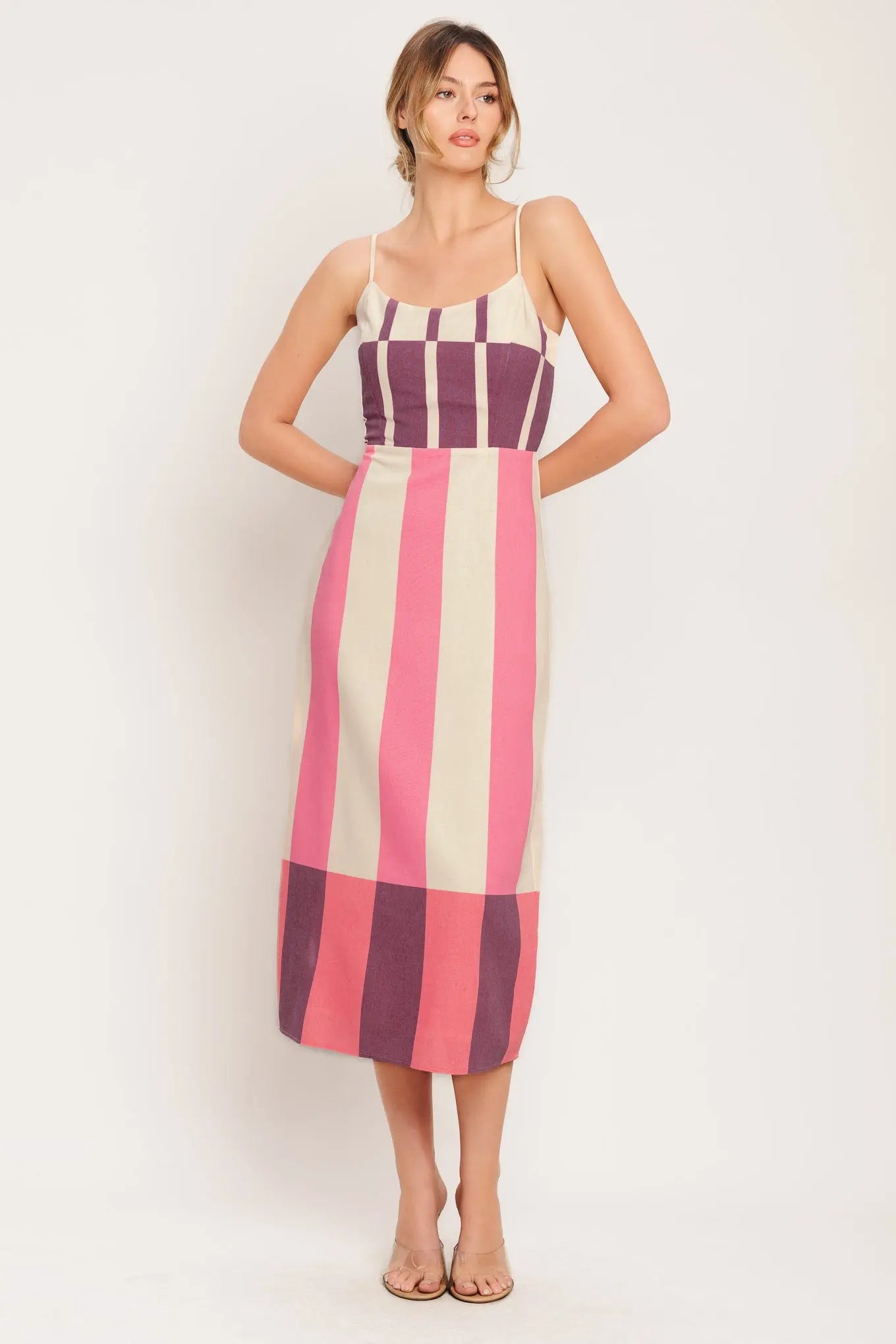 Retro Linear Striped Woven Midi Dress With U Neckline And Self Sash Tie Flying Tomato