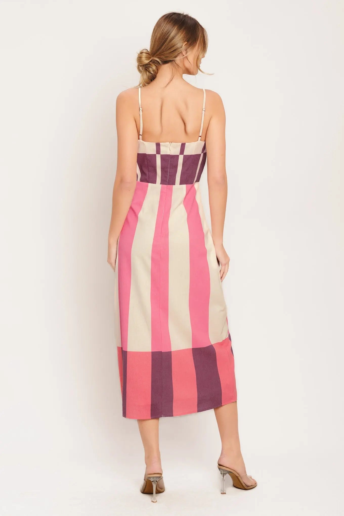 Retro Linear Striped Woven Midi Dress With U Neckline And Self Sash Tie Flying Tomato