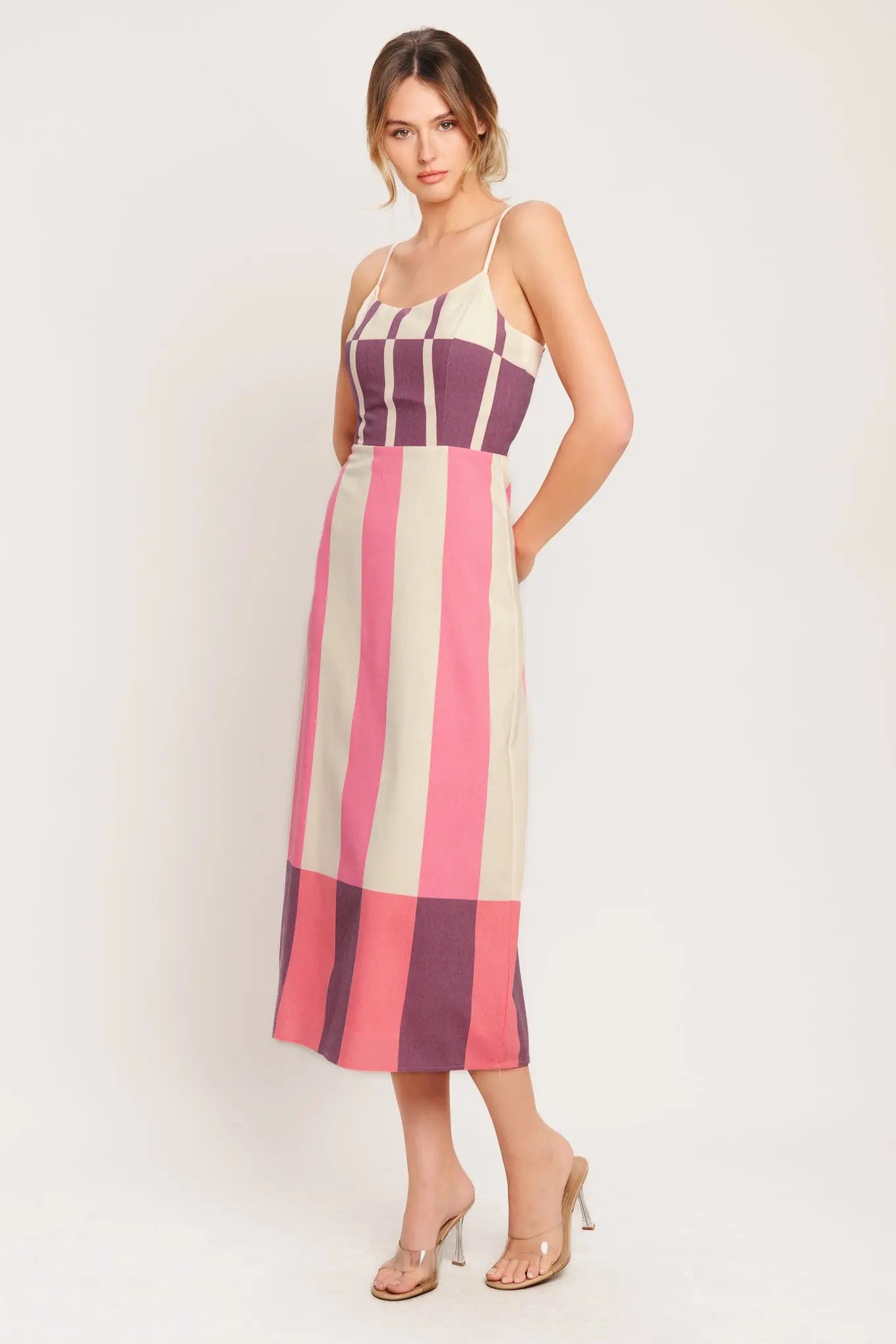 Retro Linear Striped Woven Midi Dress With U Neckline And Self Sash Tie Flying Tomato