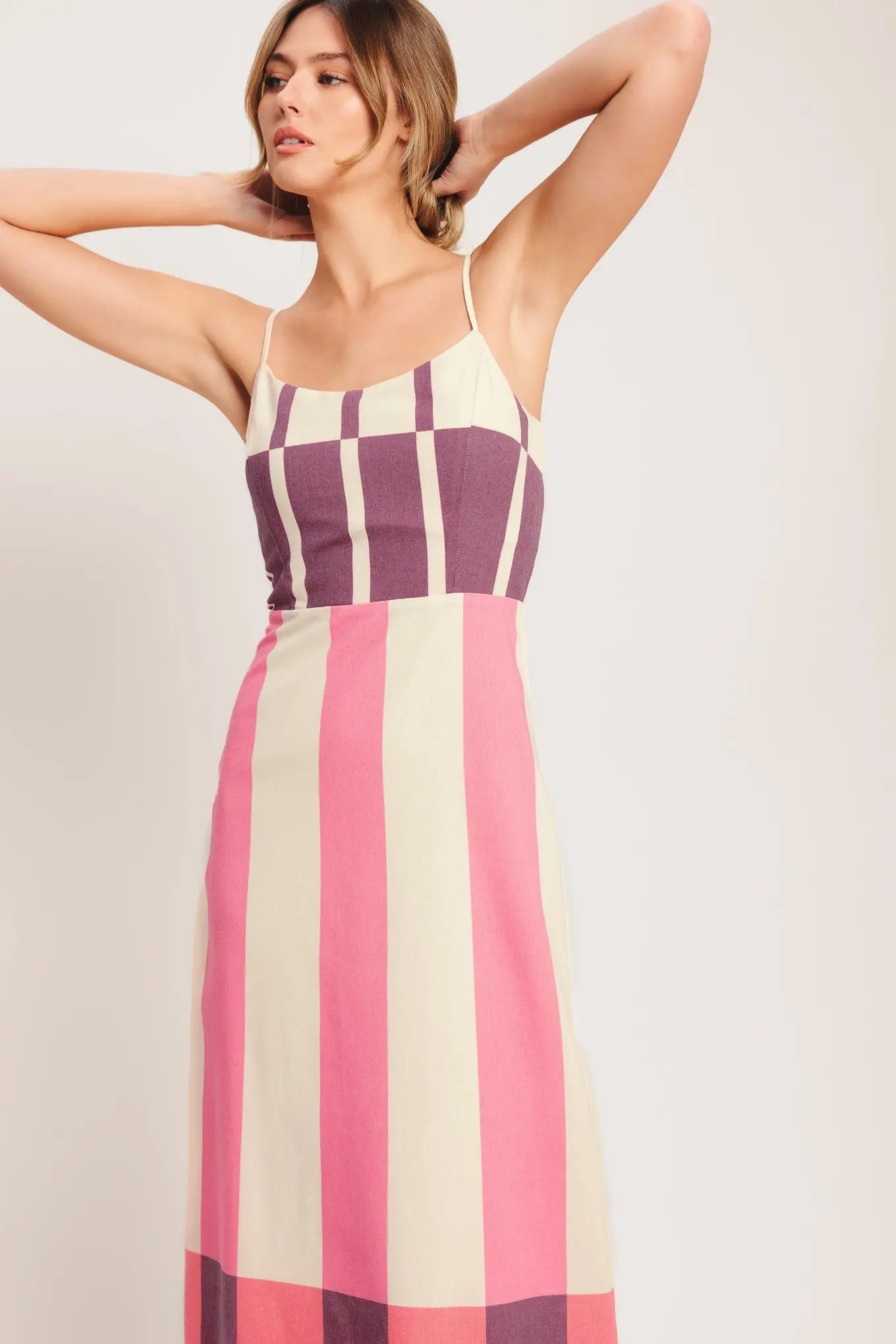 Retro Linear Striped Woven Midi Dress With U Neckline And Self Sash Tie Flying Tomato