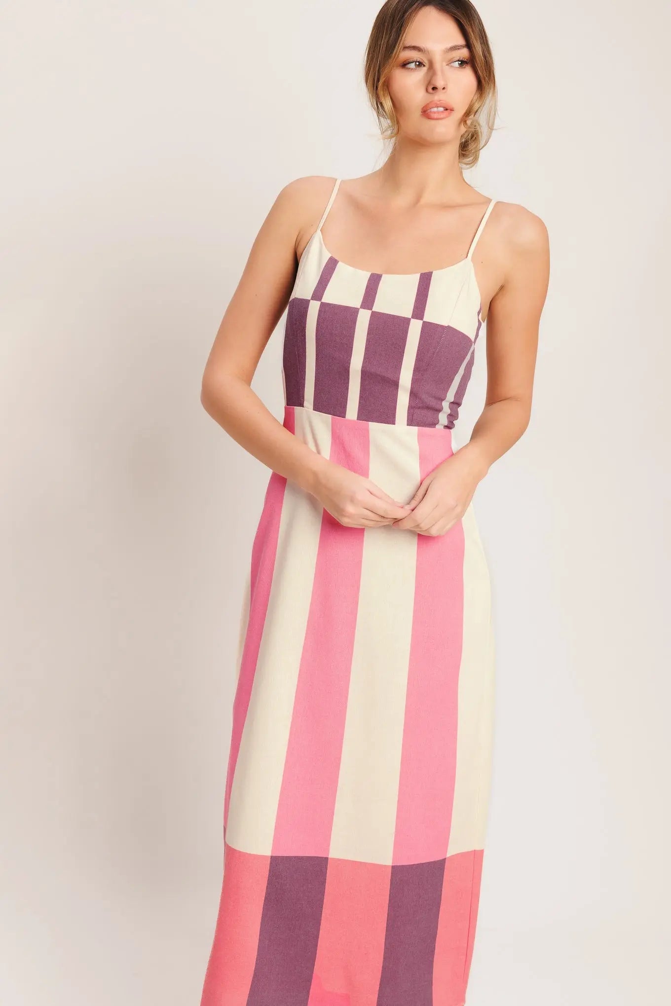 Retro Linear Striped Woven Midi Dress With U Neckline And Self Sash Tie Flying Tomato